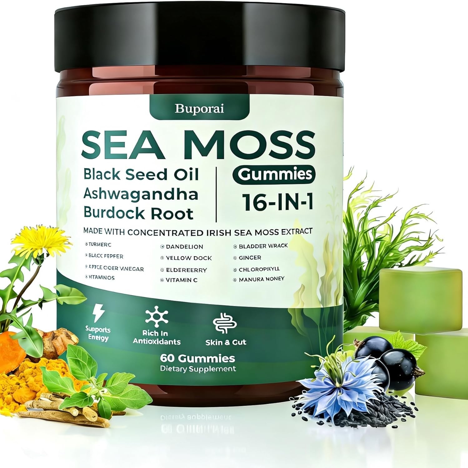 Natural Rems Sea Moss Gummies 16-in-1 – Ashwagandha Black Seed Oil Bladder Wrack
