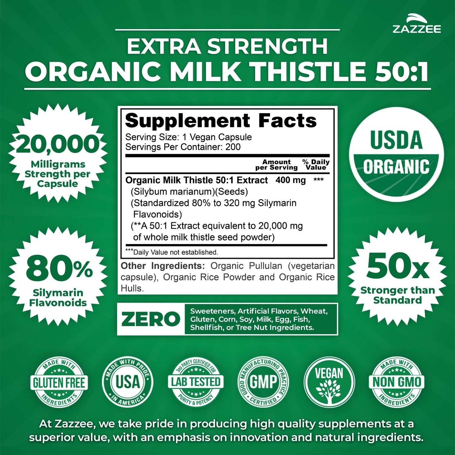 Zazzee Organic Milk Thistle Extract 20,000 mg Strength | Choose Your Size