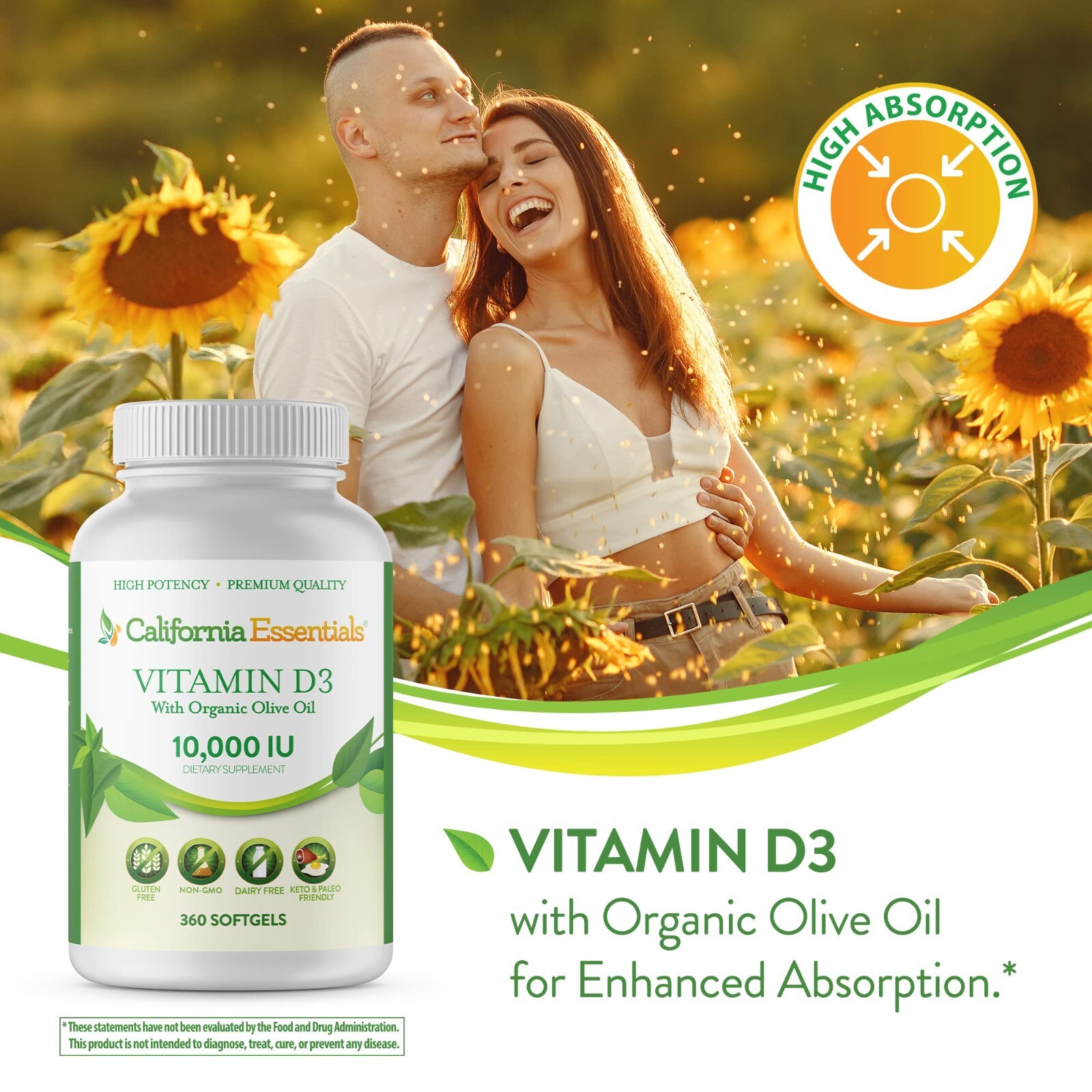 Vitamin D3 10000 IU (250mcg) Enhanced with Organic Olive Oil (360 Softgel)