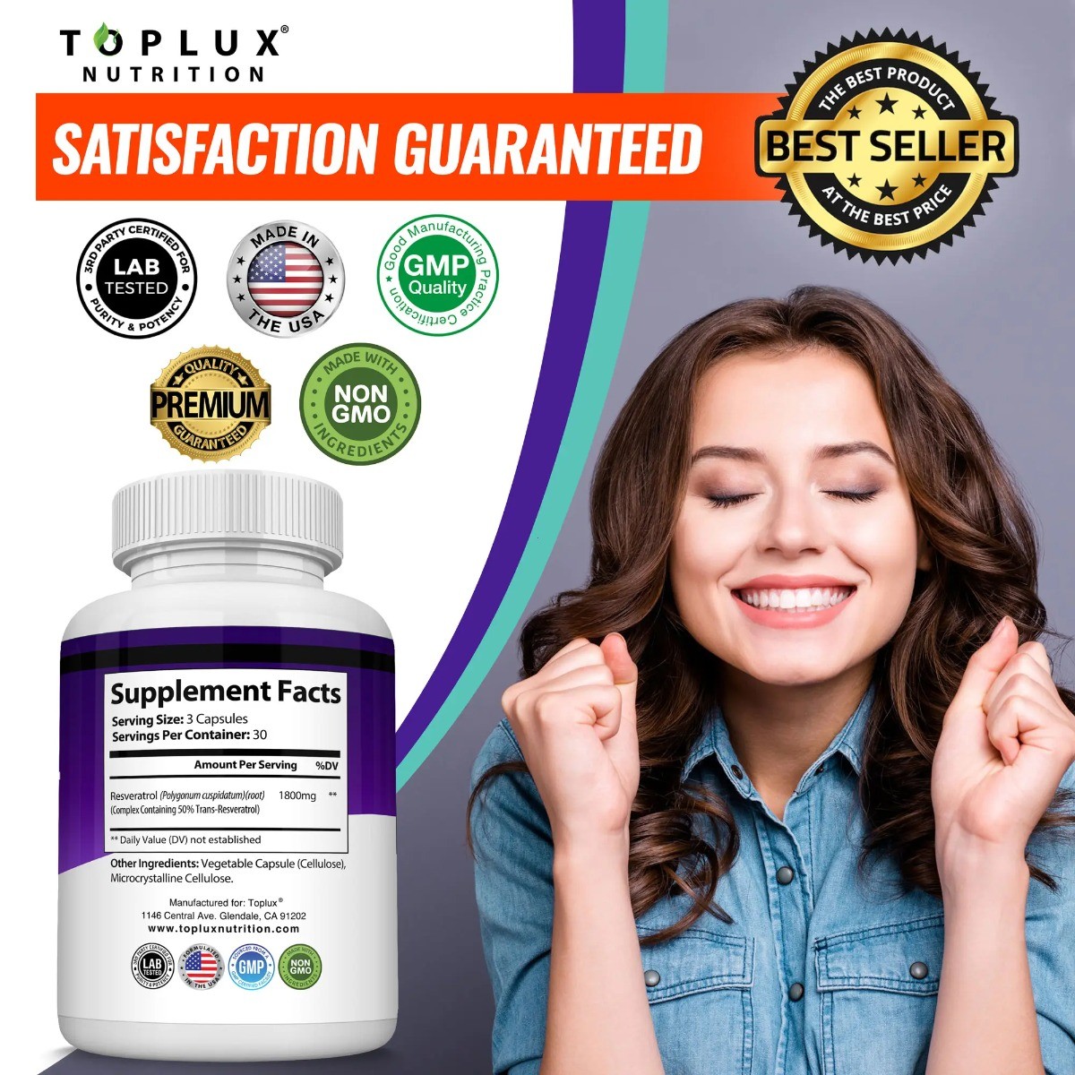 Toplux Resveratrol 1800mg – Natural High Potency Antioxidant for Cellular Health