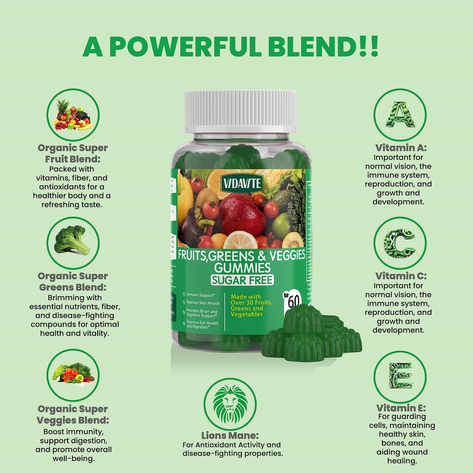 VIDAVITE Sugar-free Super Greens Gummies — 1 Count (Pack of 60), Green