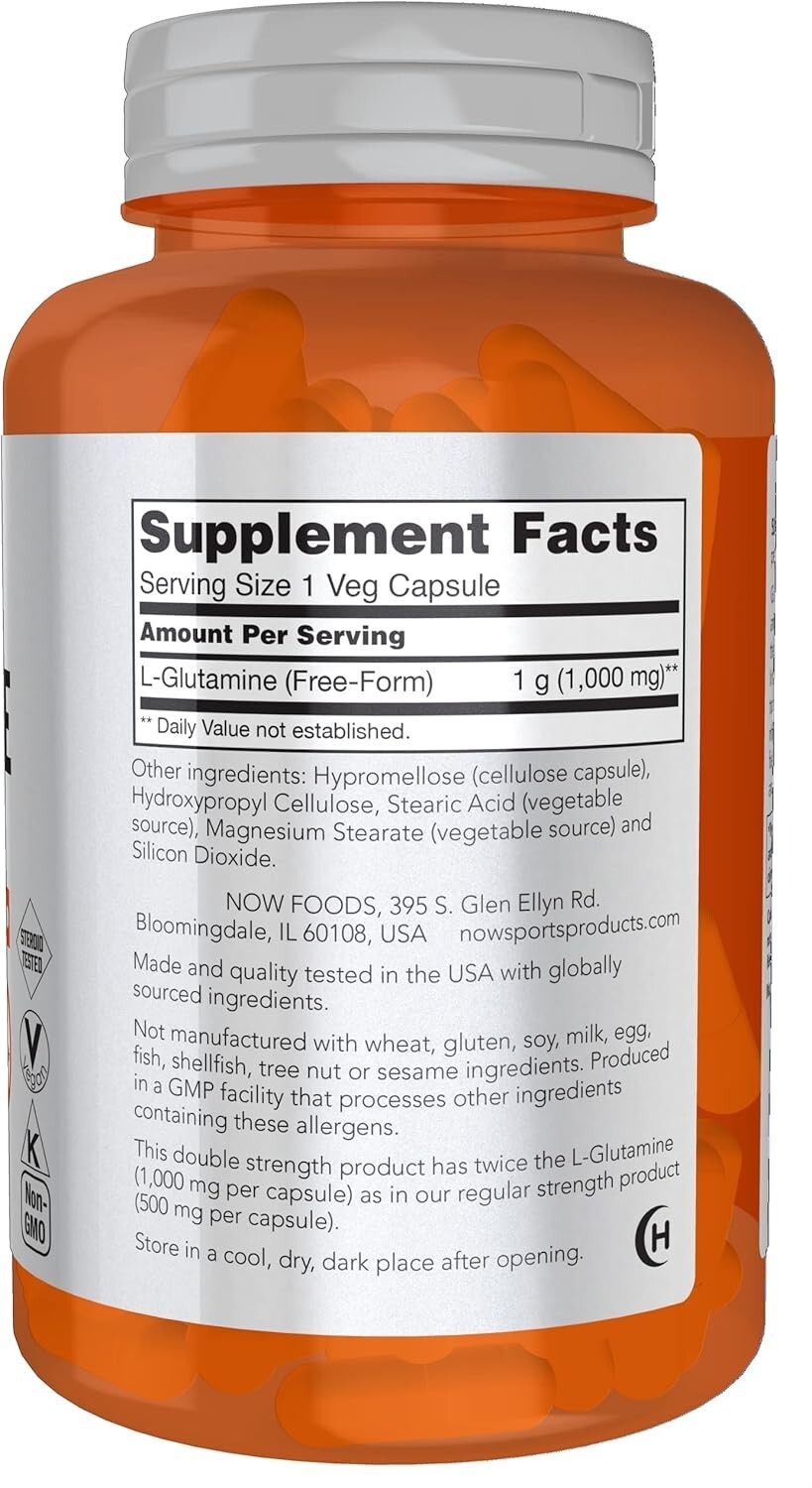 NOW Foods (2 PACKS) L-Glutamine, Double Strength, 1000 mg, Veg 120 Capsules