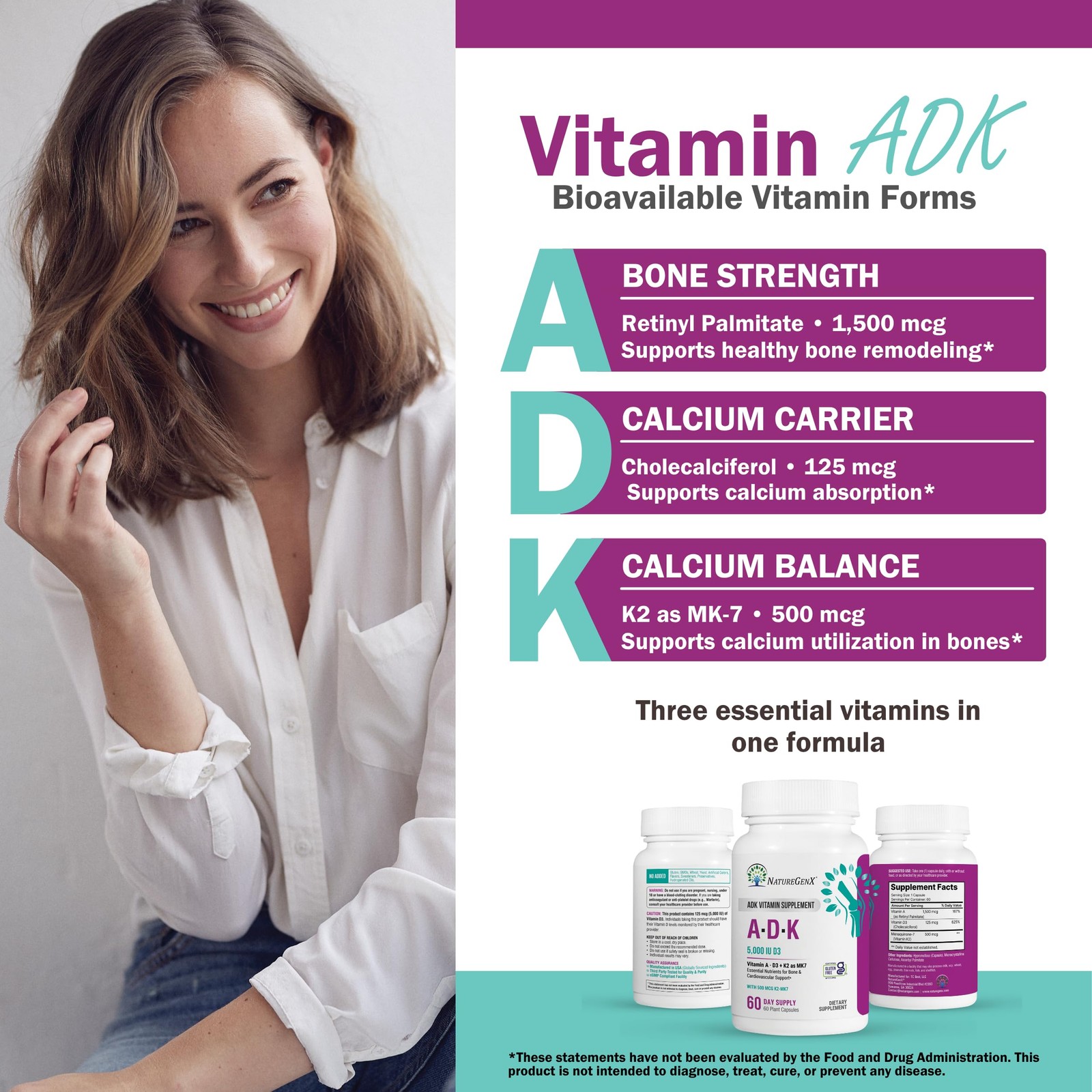 NatureGenX ADK Vitamin Supplement – Vitamins A, D3 60 Count (Pack of 1), None