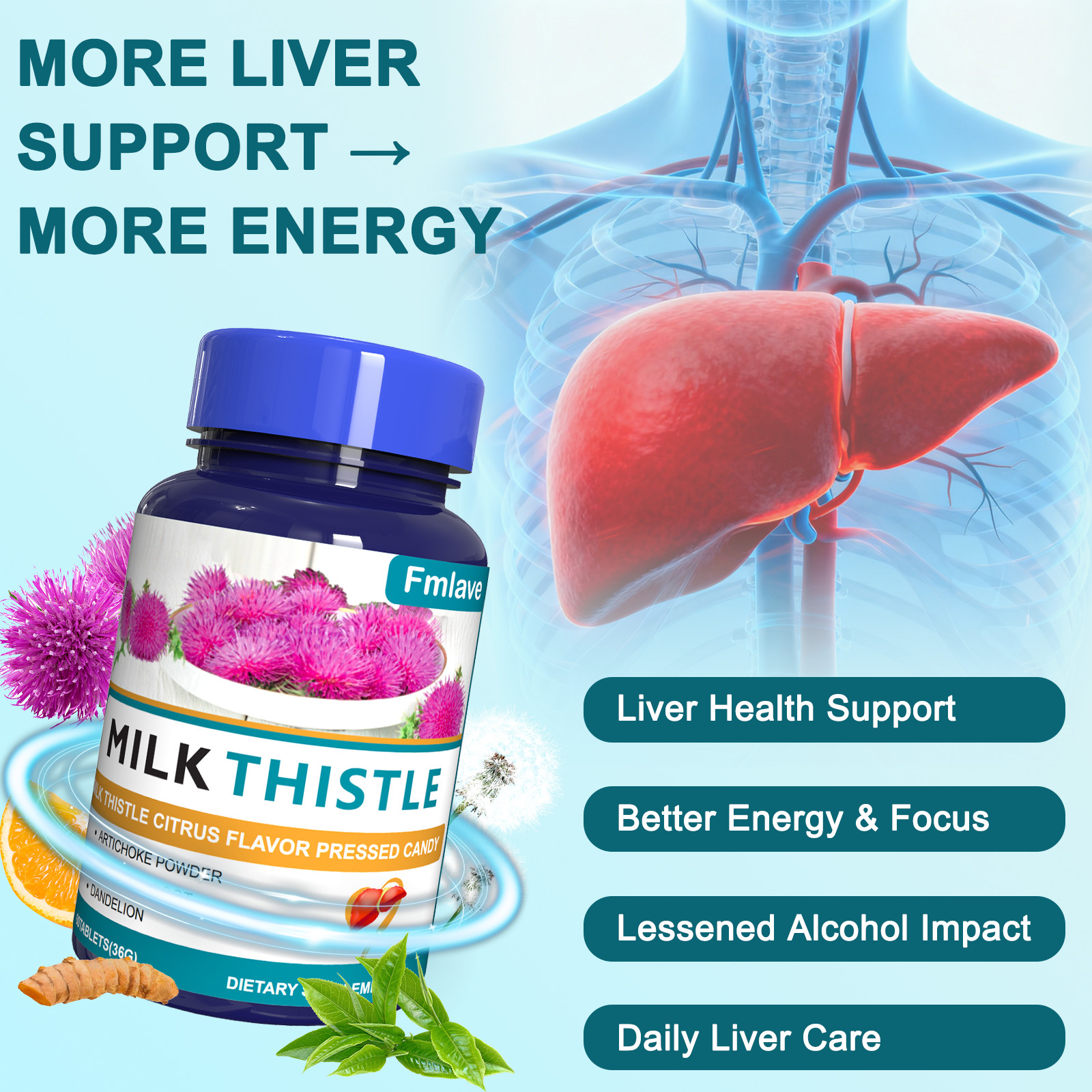 Liver Cleanse Detox Repair -60 counts Milk Thistle Dandelion Support Supplement