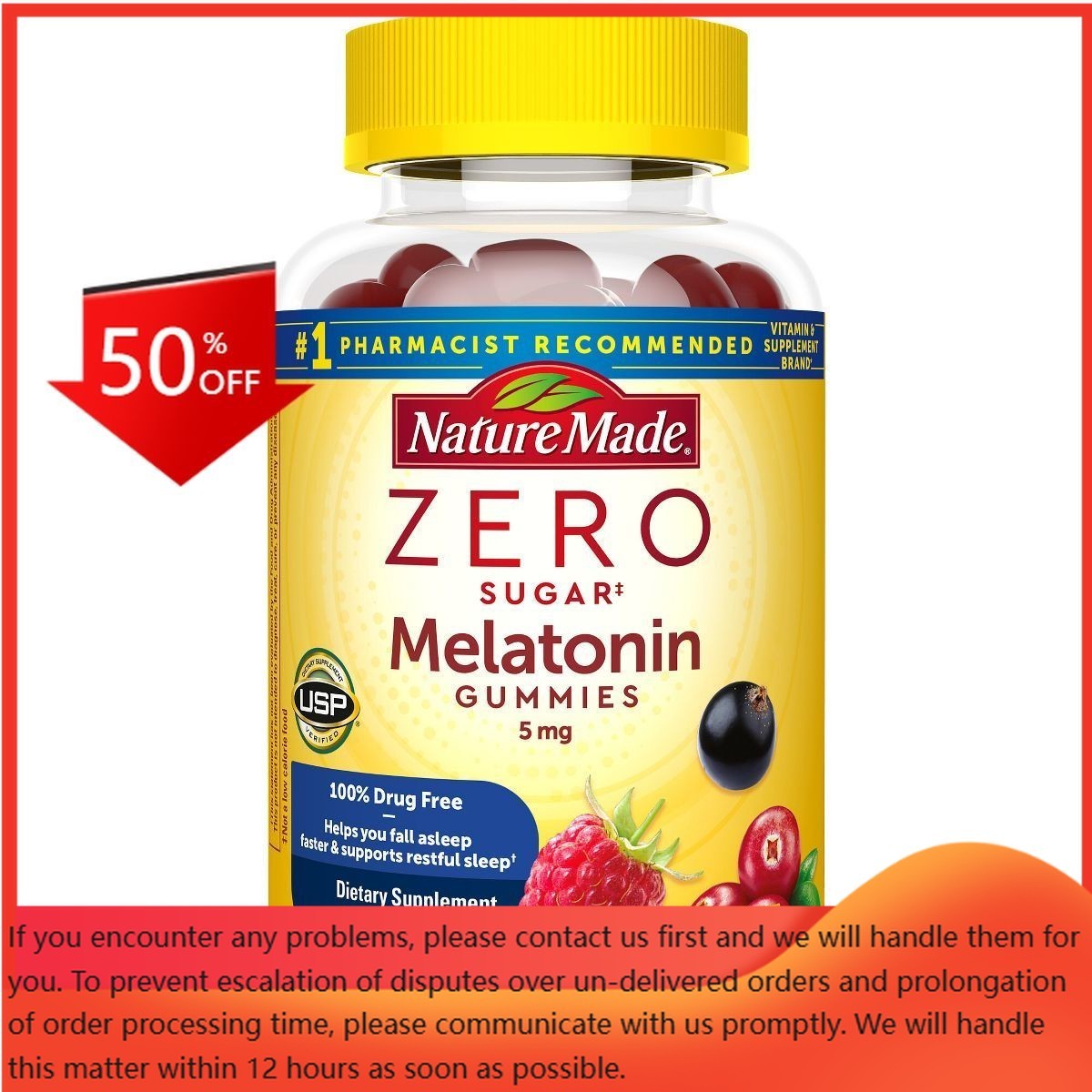 Nature Made Zero Sugar Melatonin 5mg Gummies, 100% Drug Free Sleep Aid – 70ct