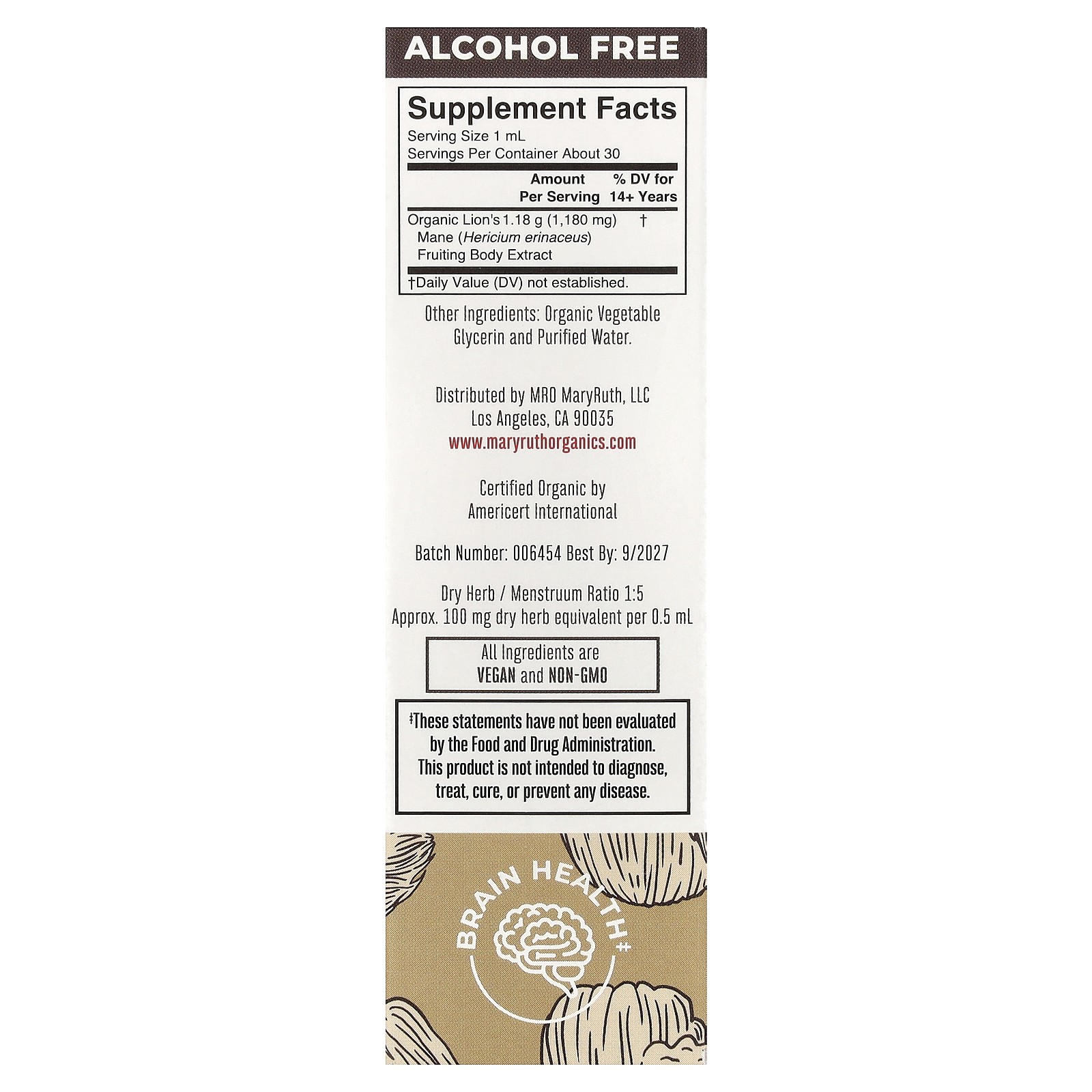 Organic Lion’s Mane Mushroom Liquid Extract, Alcohol Free, 590 mg, 1 fl oz (30