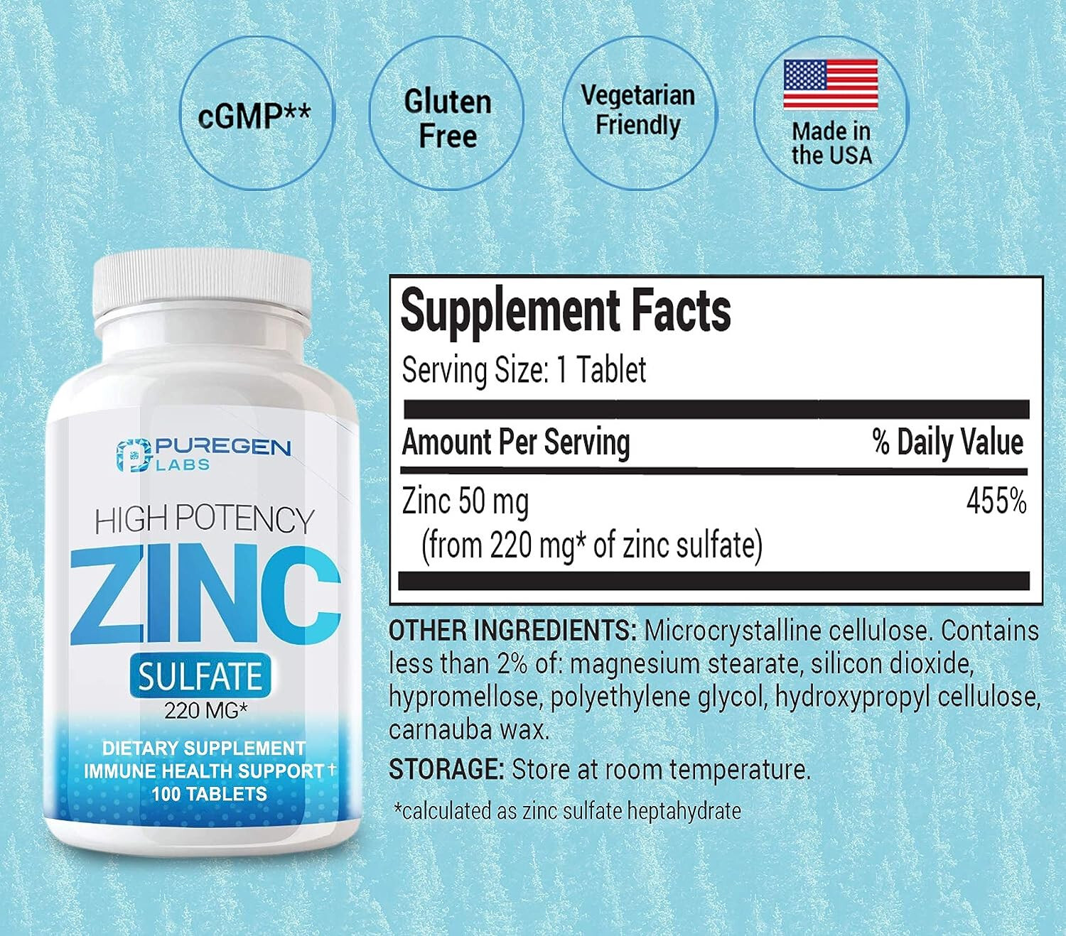 Purgen Labs Zinc Sulfate 220mg 100 Tablets