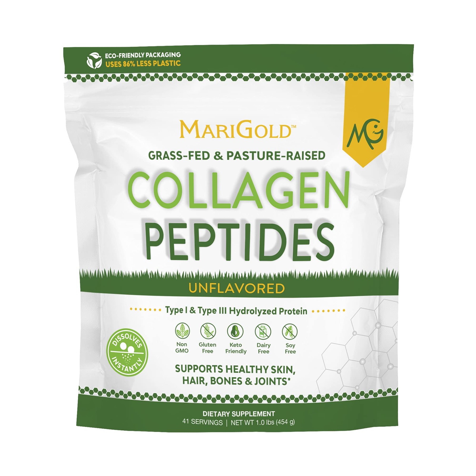 MariGold Grass-fed Collagen Peptides Powder Unflavored 1LB – 100% Pure, Type I &