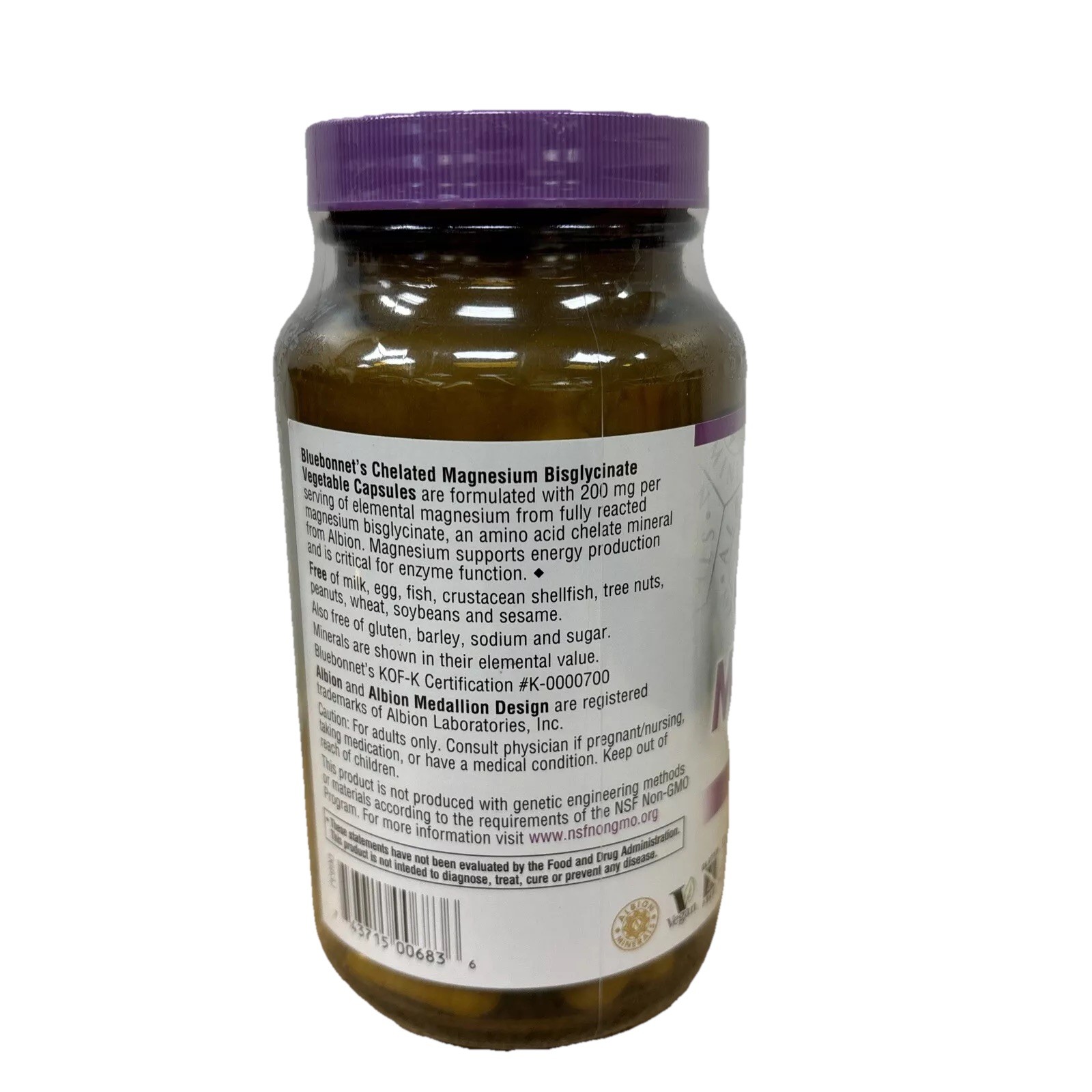 Bluebonnet Nutrition Albion Chelated Magnesium Vegetable Capsule, 200mg, 120 ct