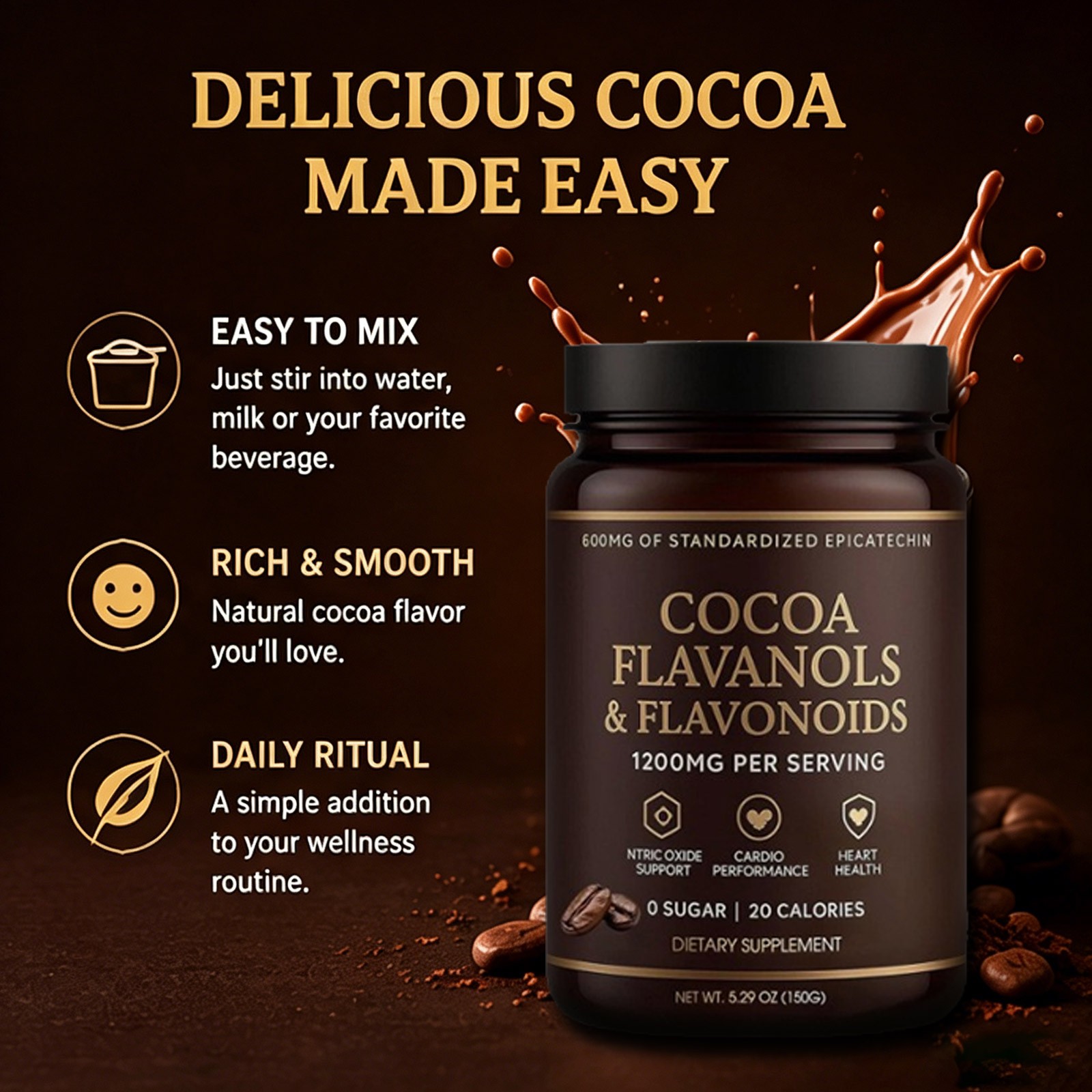 High Flavanol Cocoa Powder Flavonoids Supplements Energy Boost 1200mg