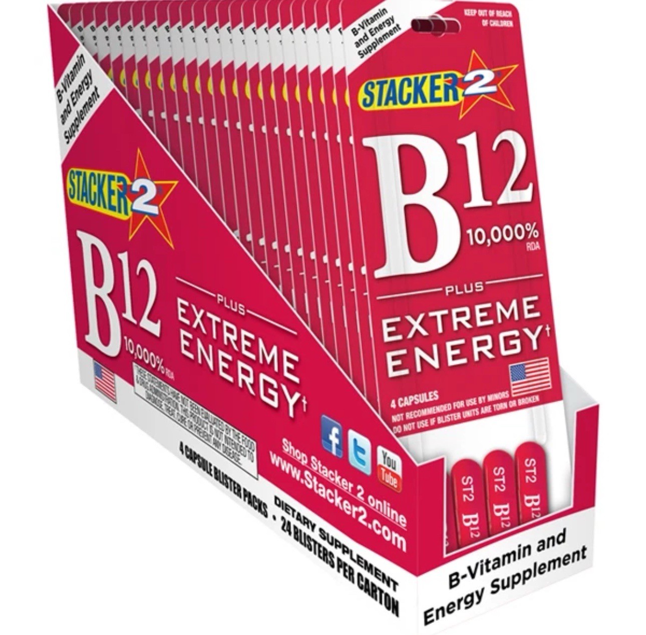 8ct Stacker B12 Extreme Energy 32 Capsules I Month Supply FREE SHIP