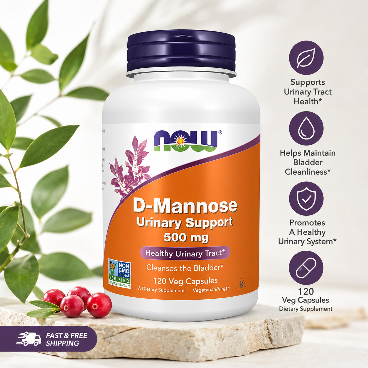 NOW D-Mannose 500mg 120 Veg Capsules Urinary Tract & Bladder Support Vegan