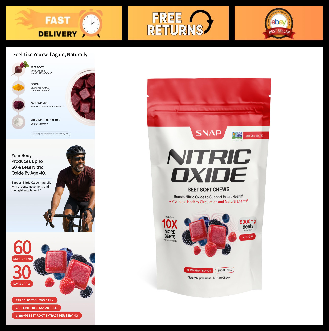 Nitric Oxide Beet Root Chews – 60 Soft Chews, Mixed Berry, 1,250mg, CoQ10, Acai,