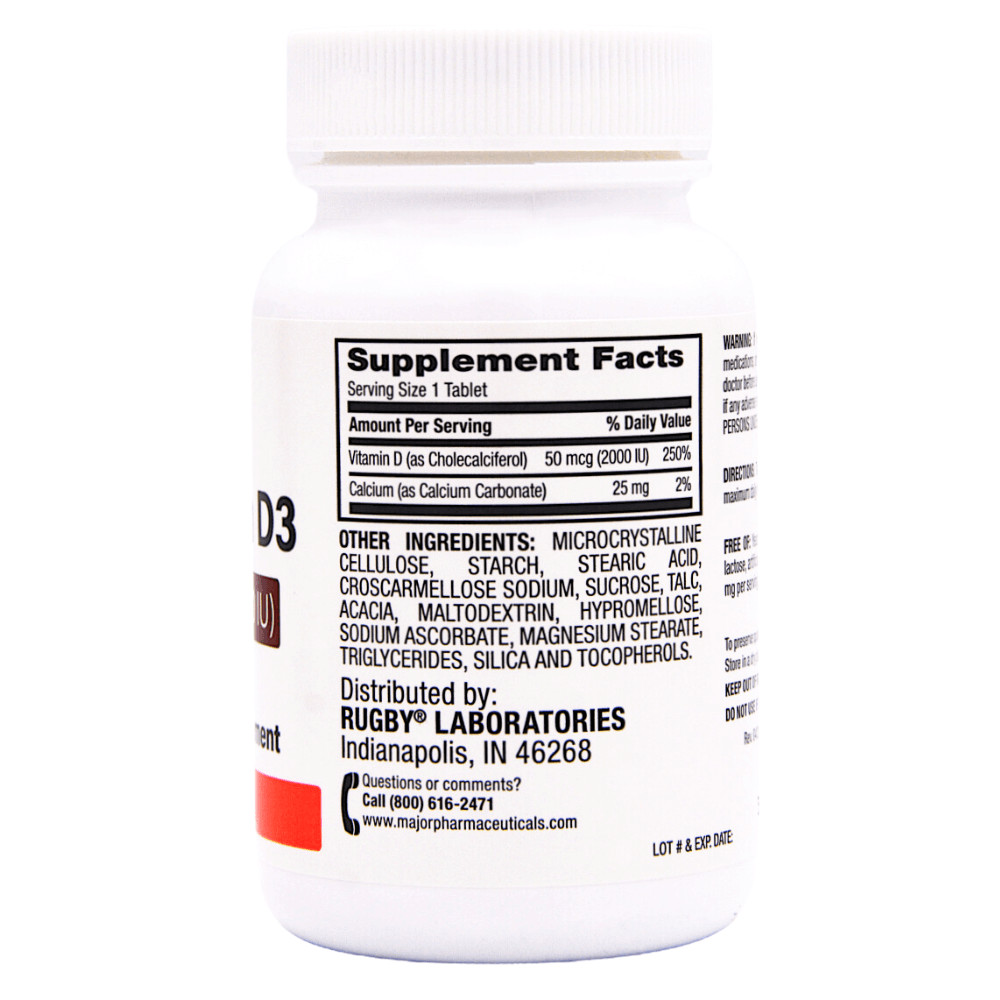 Rugby Vitamin D3 Dietary Supplement 50 mcg (2000 IU) – 100 Tablets