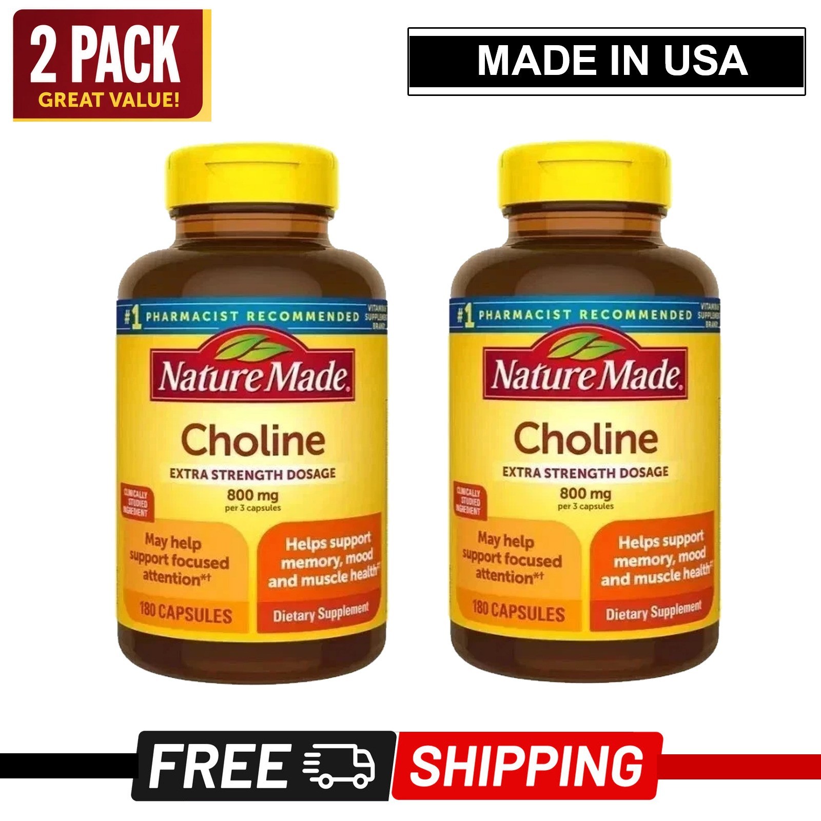 Twin pack Nature Made Choline 800mg Extra Strength Brain Health Support 180 Cap