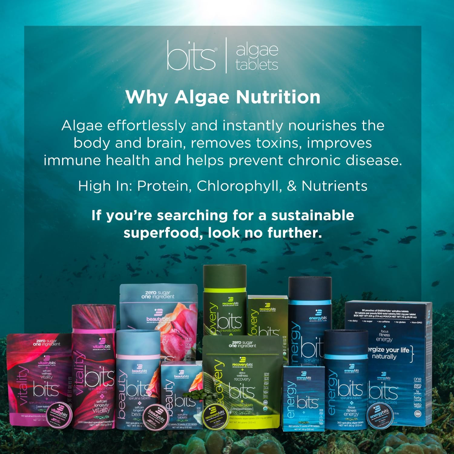 Energybits/Recoverybits – Organic Spirulina & Chlorella Tablets – Single Serving