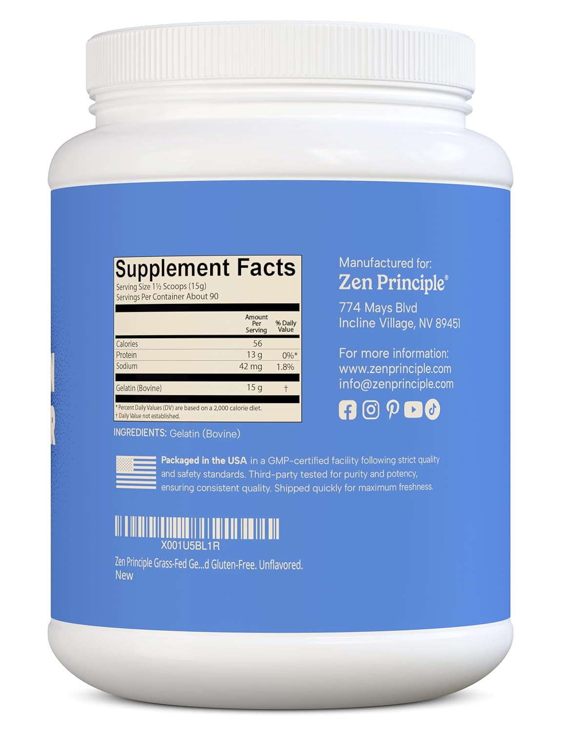 Zen Principle Gelatin Powder, Grass-Fed, 3 Lb, Unflavored, Paleo, Keto