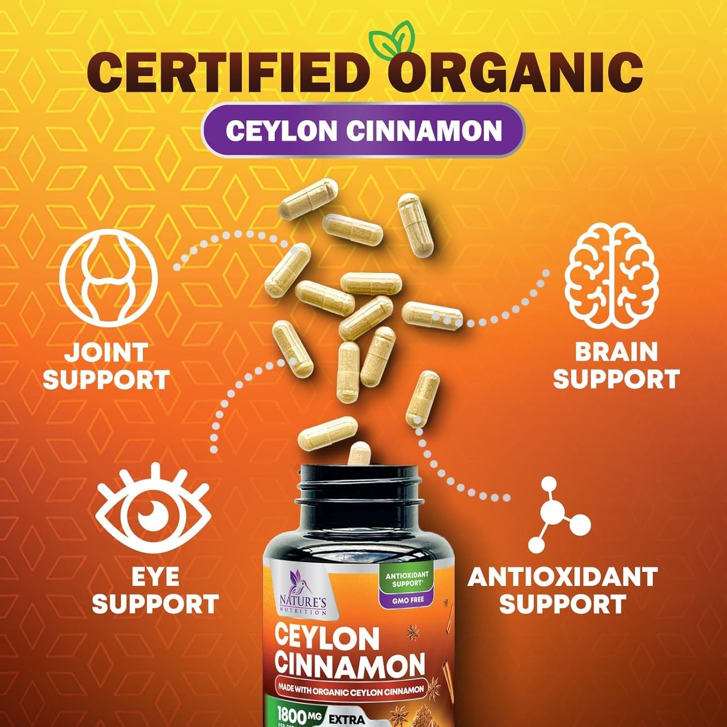 True Organic Ceylon Cinnamon Capsules 1800mg Highest Potency Blood Sugar Support