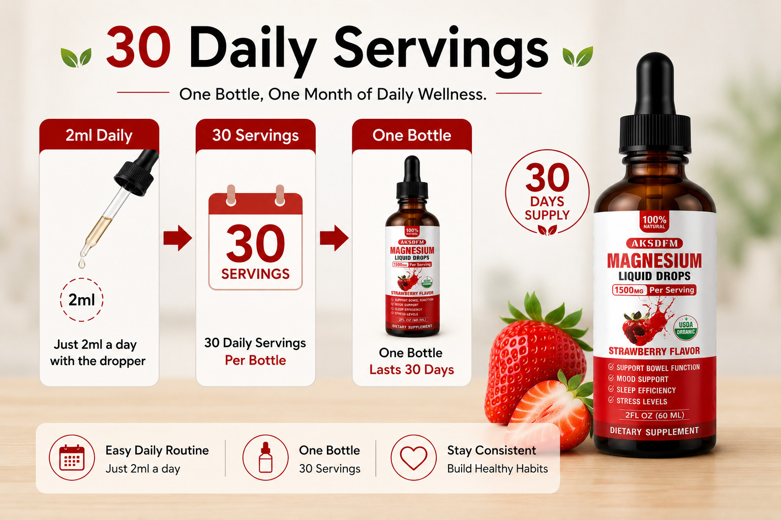 2 Pack Magnesium Liquid Drops 1500mg Strawberry Flavor 2 fl oz (60ml) Vegan Glut