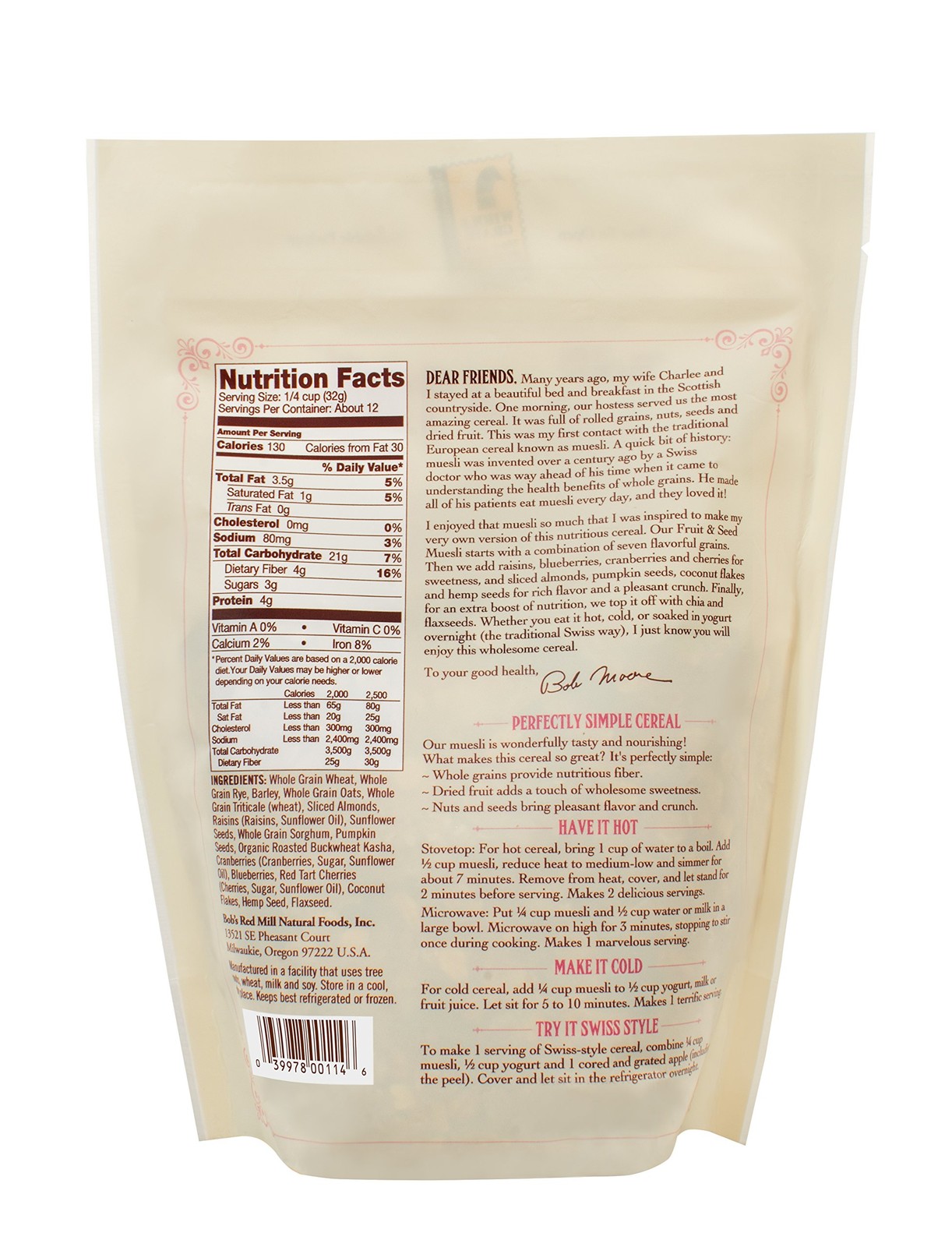 Bob’s Red Mill Fruit & Seed Muesli, 14-ounce 14 Ounce (Pack of 1), No Color