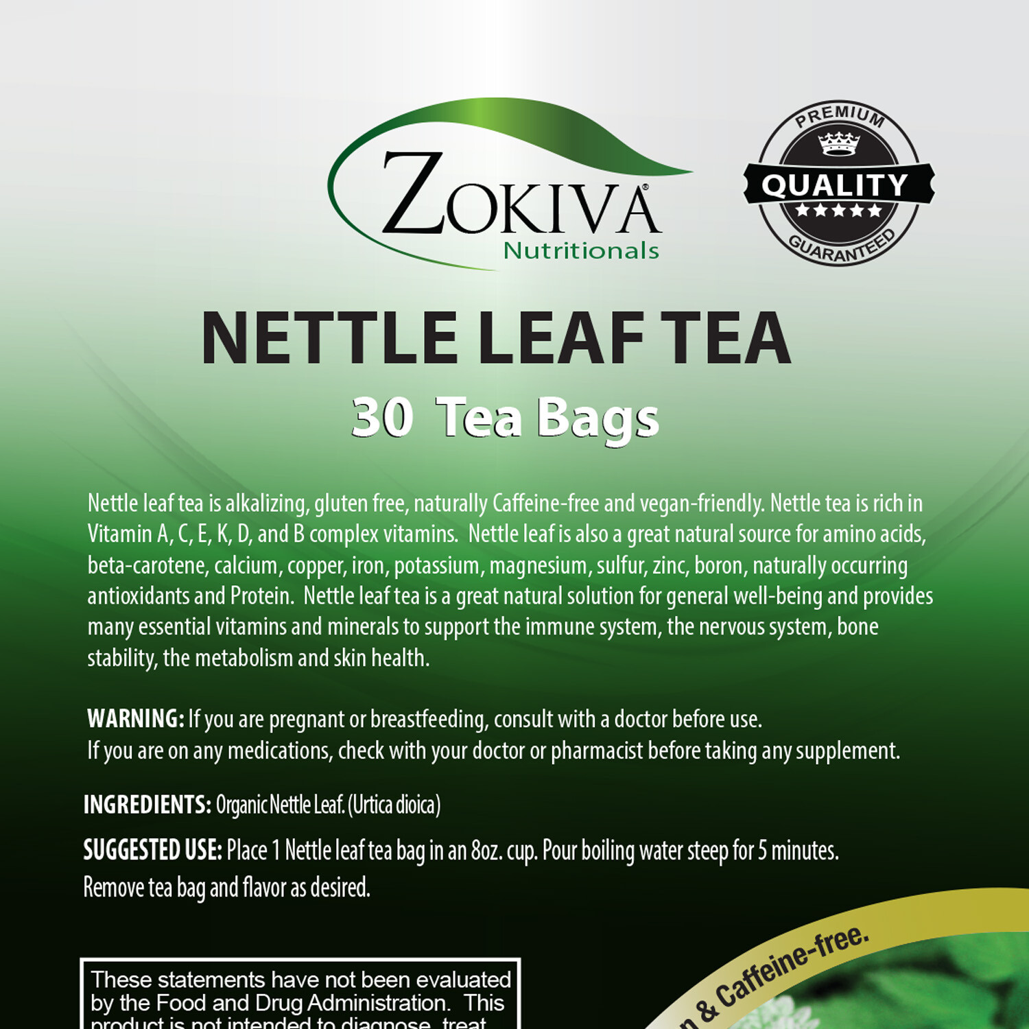 Nettle Leaf Tea Bags (30) Premium Quality, Caffeine-free Herbal Leaf Tea Bags