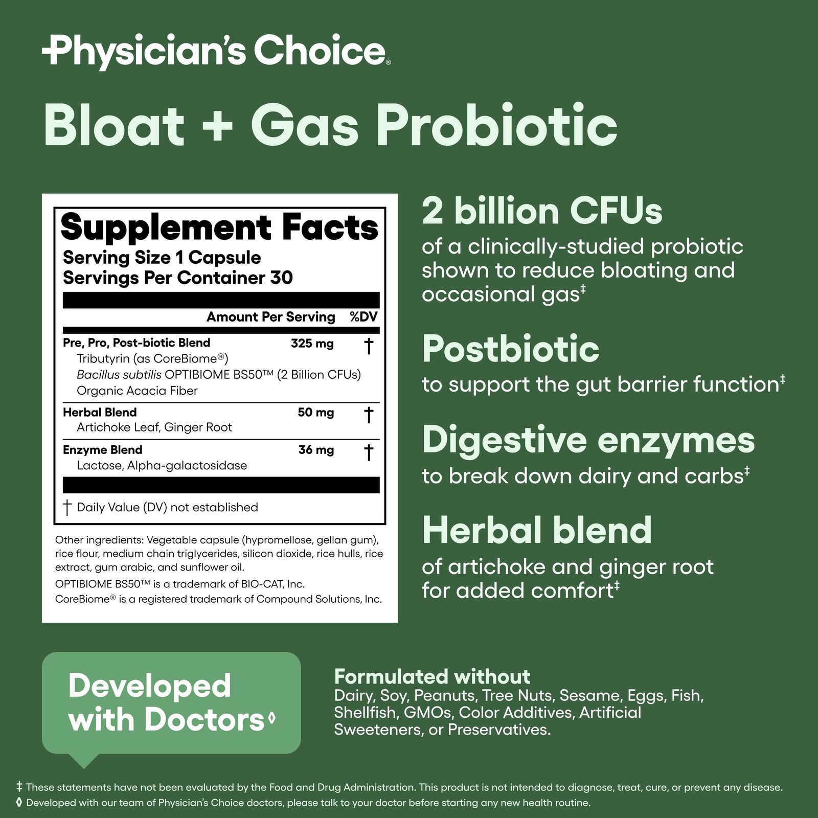 Physicians CHOICE Bloat Gas Probiotic 5-in-1 Proactive Support + Daily Relie…