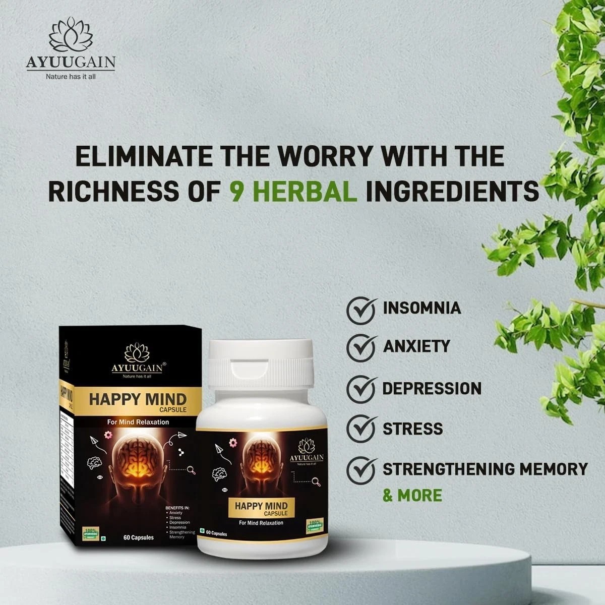 Happy Mind Herbal Capsules for Stress, Anxiety, Memory & Mood – 60 Veg Caps D299