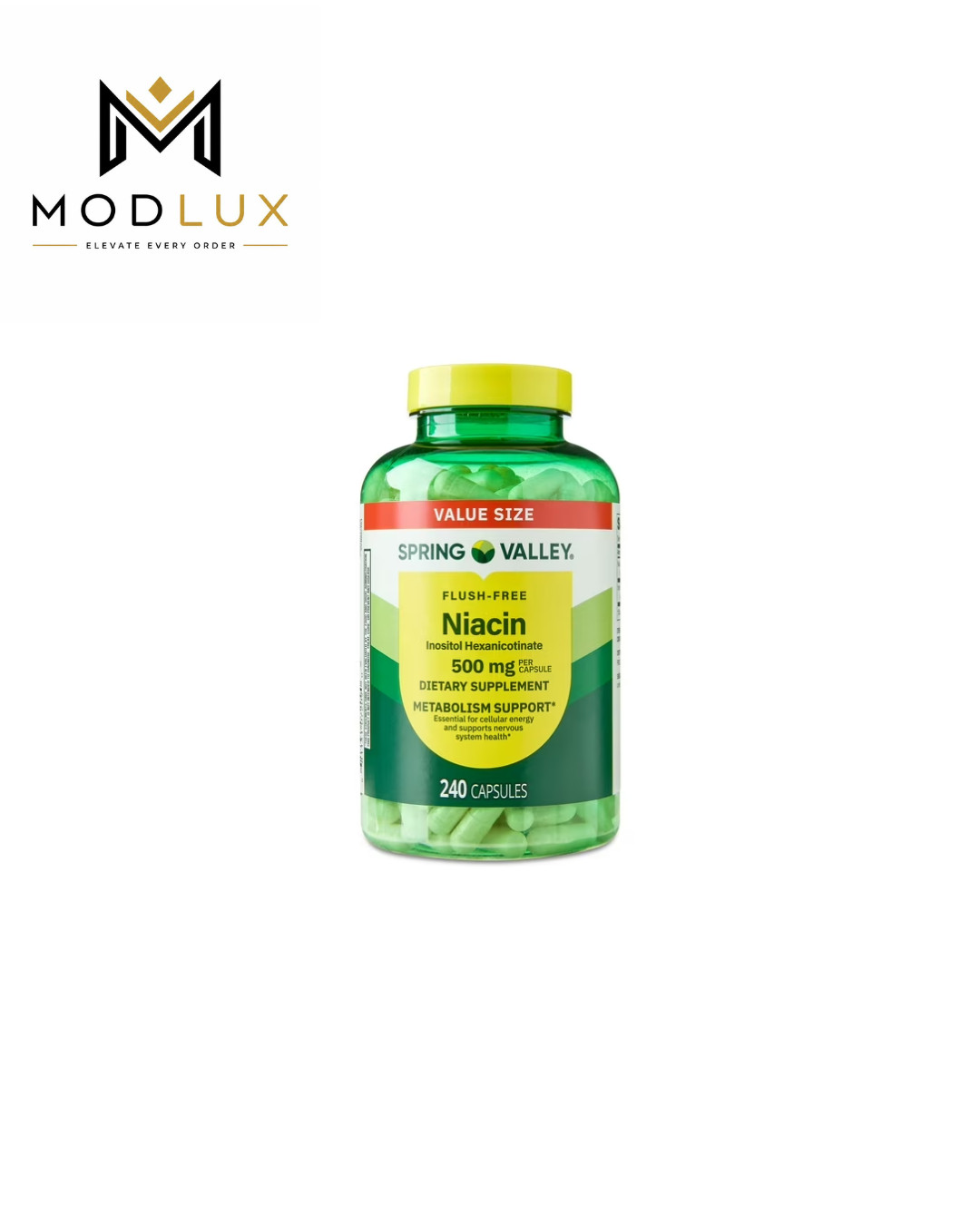 Spring Valley Flush Free Niacin 500mg Metabolism Support Capsules, 240 Count