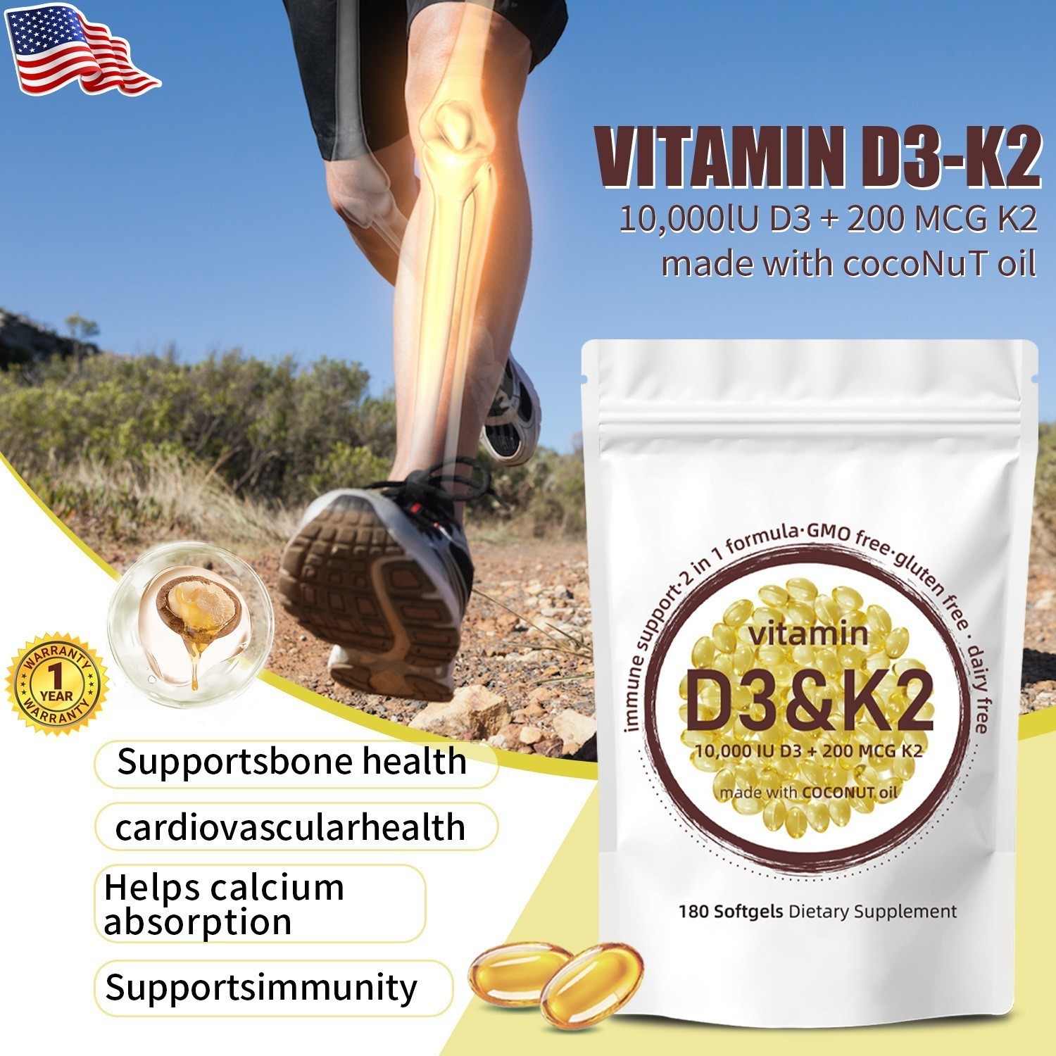 Vitamin D3 K2 Softgel 300 Capsules Extra Strength D3 K2 Supplements USA