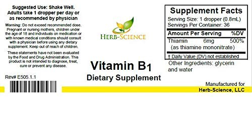Herb-Science Liquid Vitamin B1 Thiamine Drops 1oz 36 Servings Heart & Energy