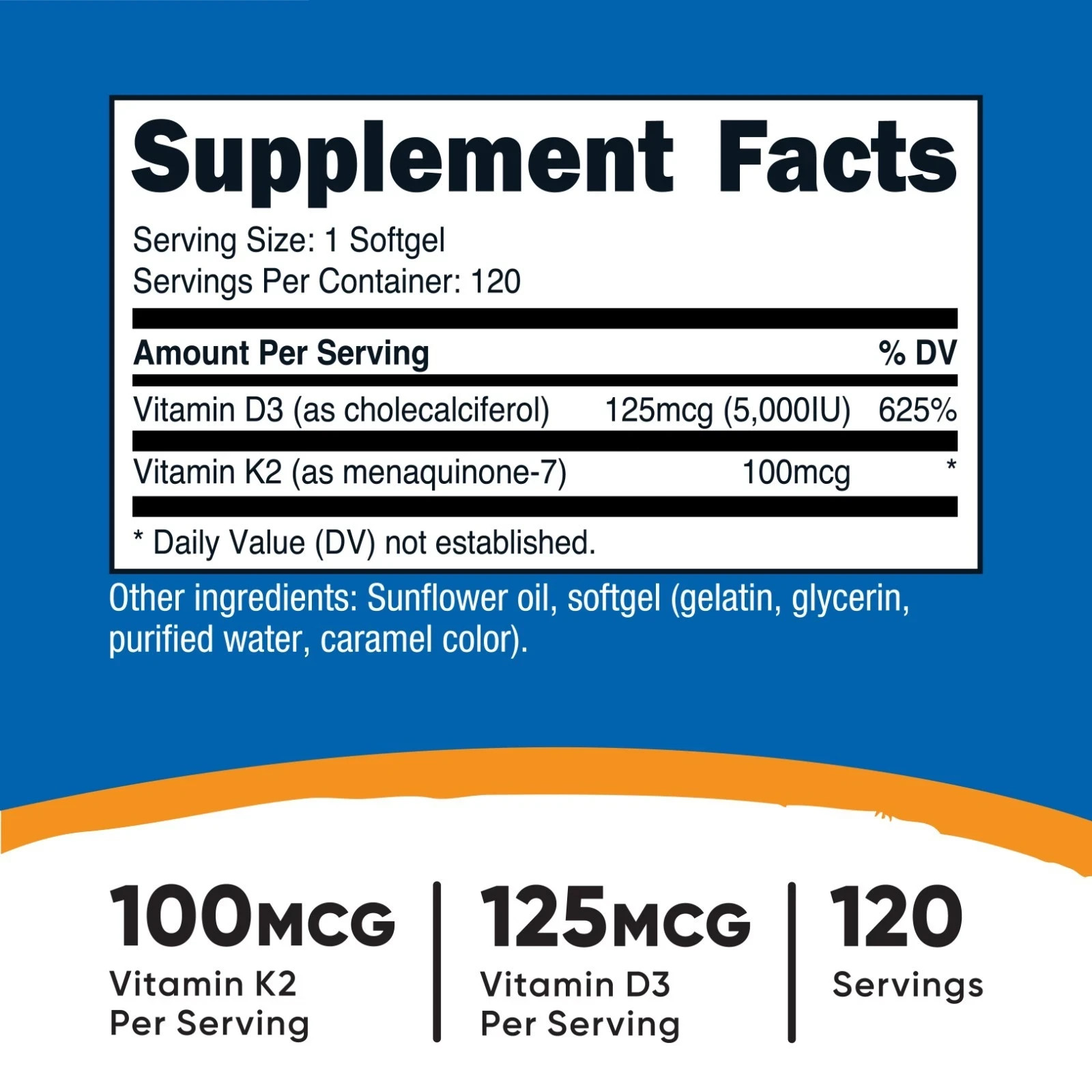 Nutricost Vitamin K2 (100mcg) + Vitamin D3 (5000 IU) 120 Softgels – Gluten Free
