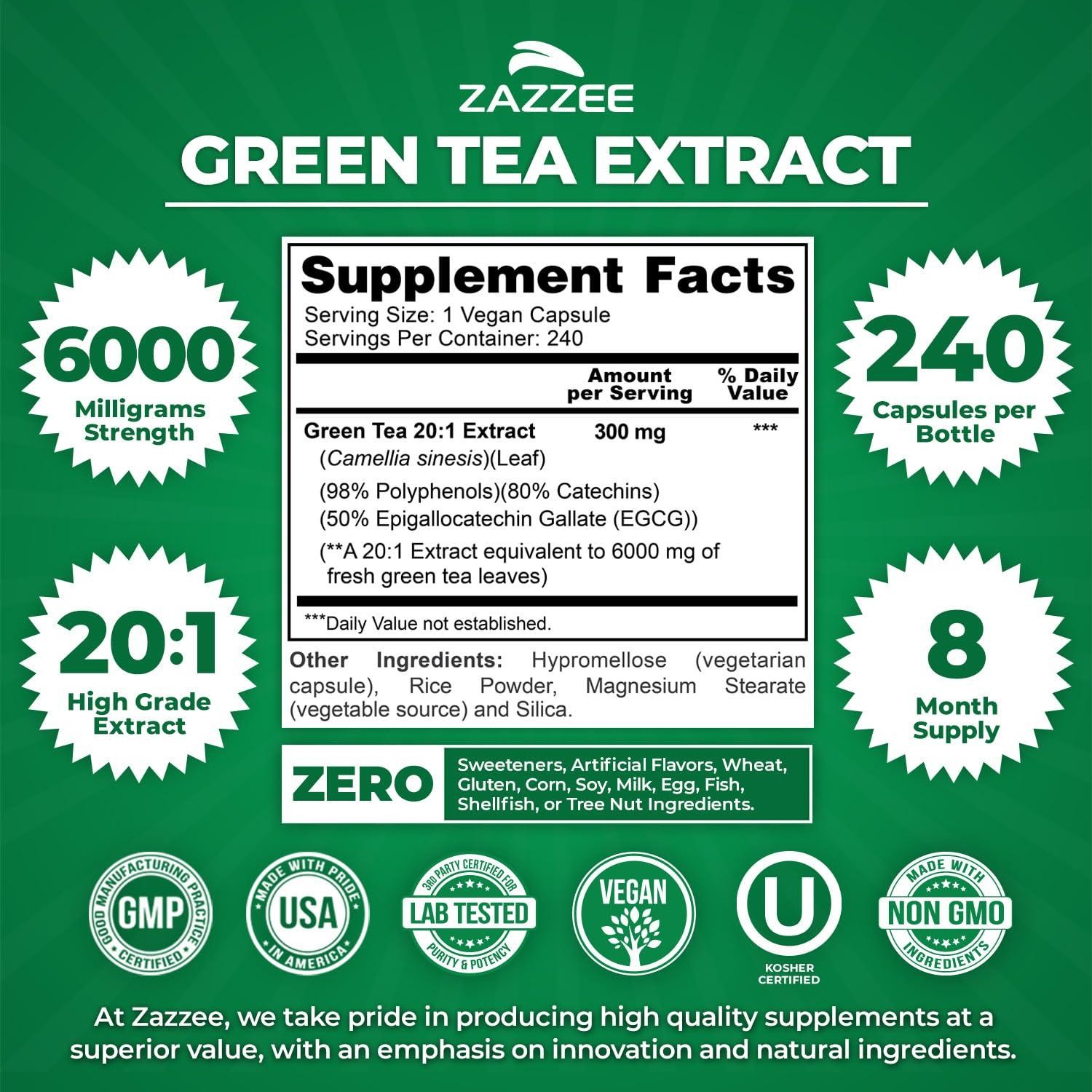 Zazzee Green Tea 20:1 Extract, 6000 mg Strength, 50% EGCG, 240 Capsules, Kosher