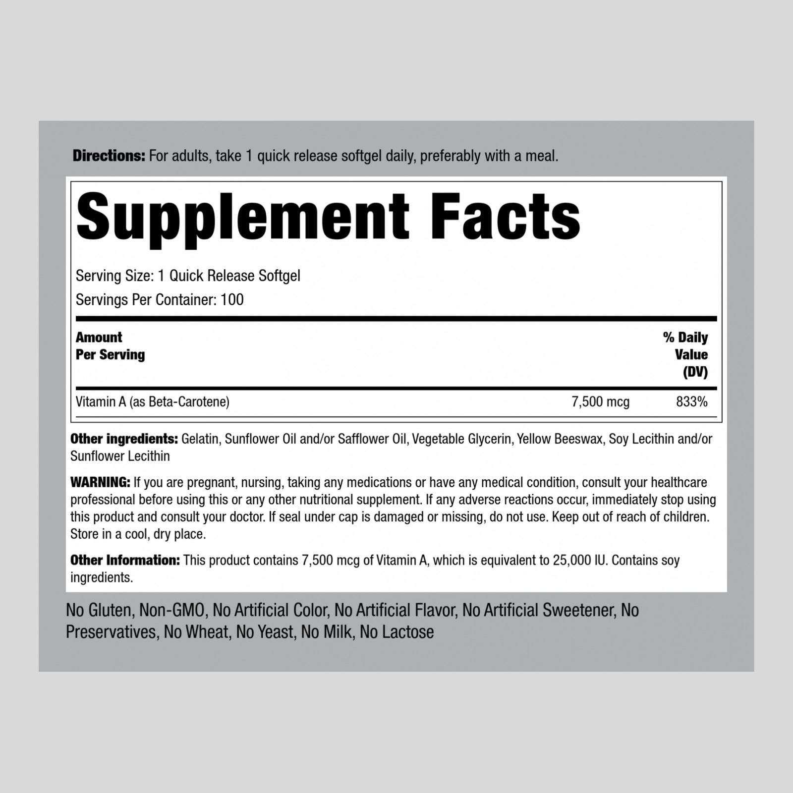 Beta-Carotene 25,000 IU | 100 Softgels | Vitamin A Supplement | by Piping Rock