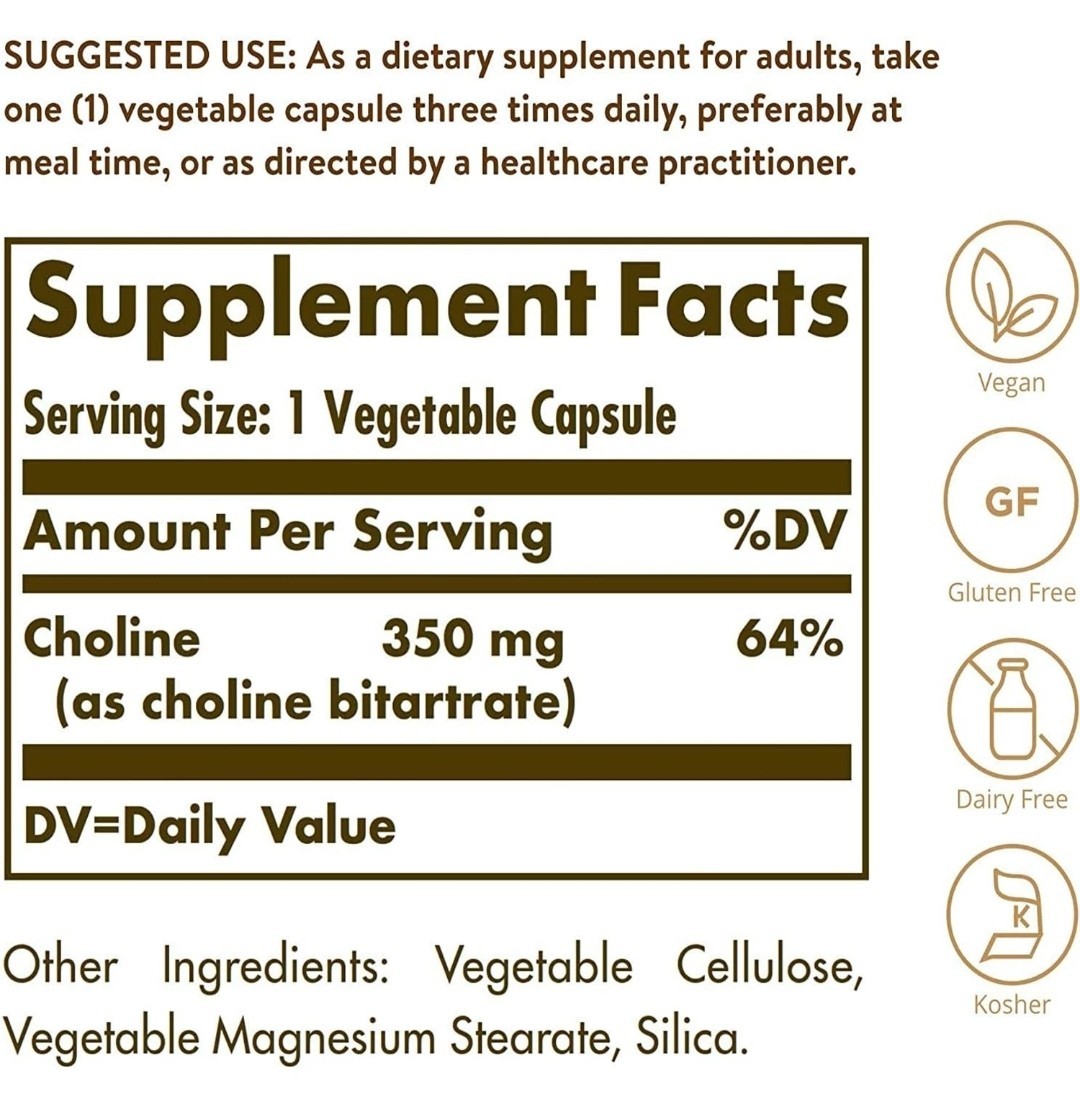 Solgar Choline 350mg 100 Vegetable Capsules Healthy Brain Cellular Function 9/28