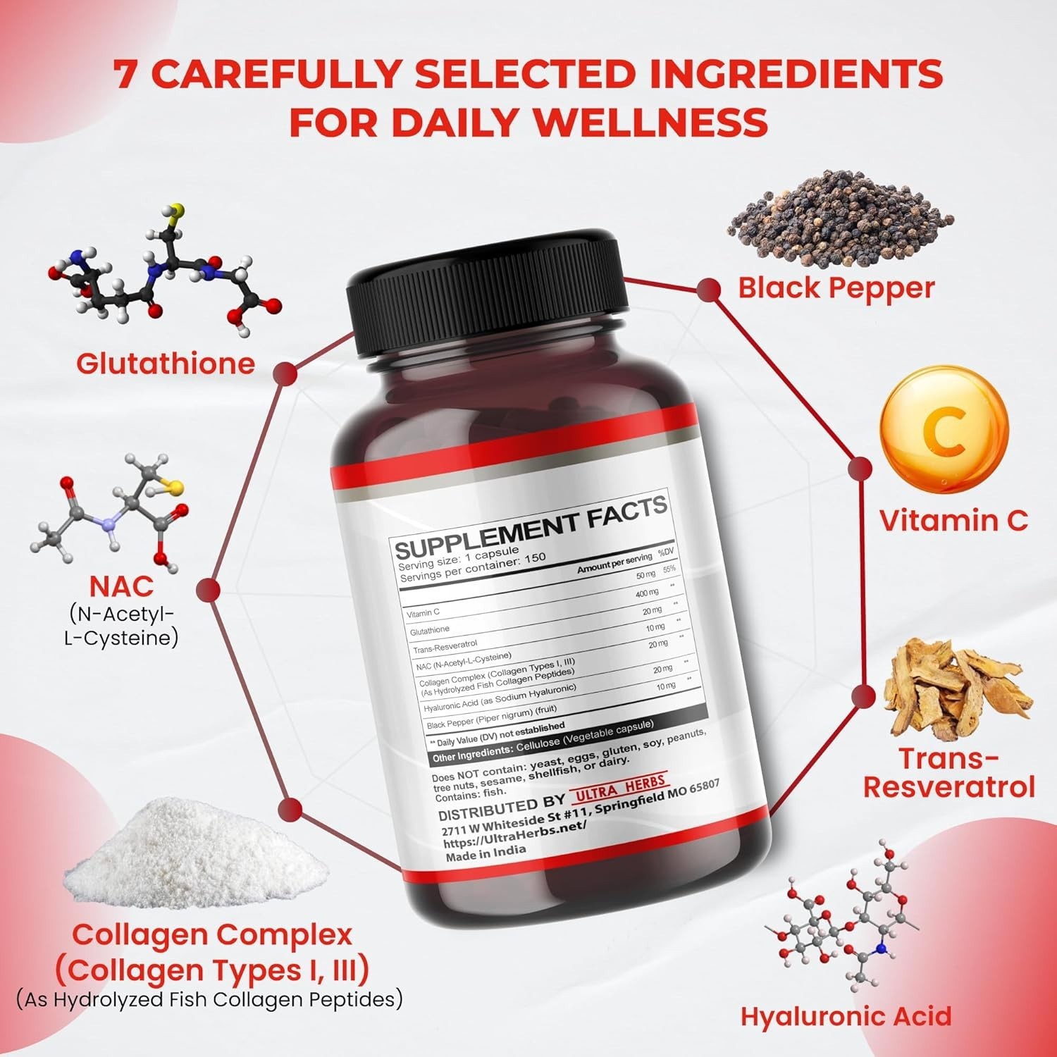 Reduced Form Glutathione Resveratrol NAC Collagen Hyaluronic Acid Vit C 150 Cap