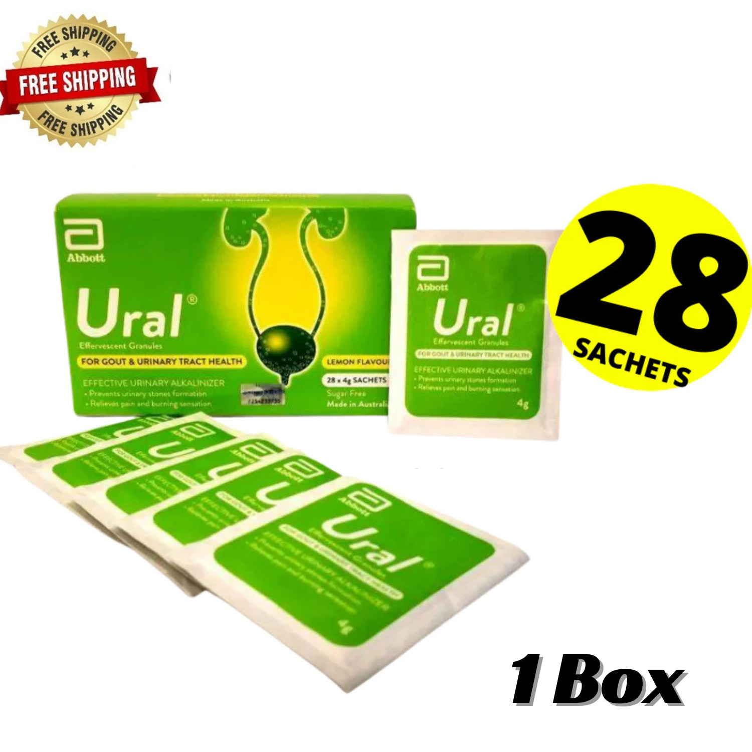 1X Abbott Ural Effervescent Granules Urine Alkalizer 4g X 28 Bags Free Shipping
