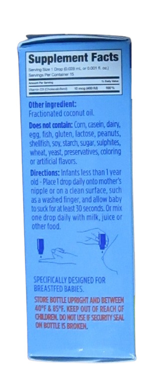 Baby D drops Liquid Vitamin D3 400 IU/Drop 15 Drops 0.5 mL 0.016 fl oz Exp 10/26