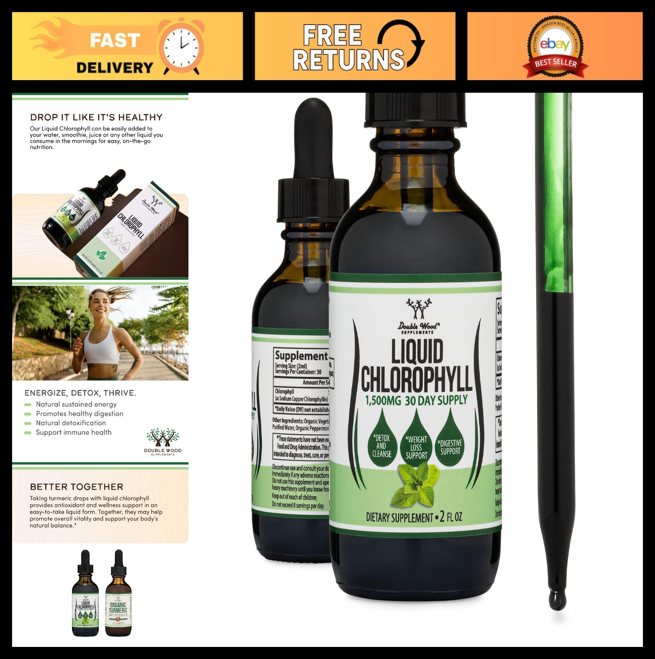 Liquid Chlorophyll Drops 2oz – Gut Health, Clear Skin, Peppermint Flavor, Vegan,