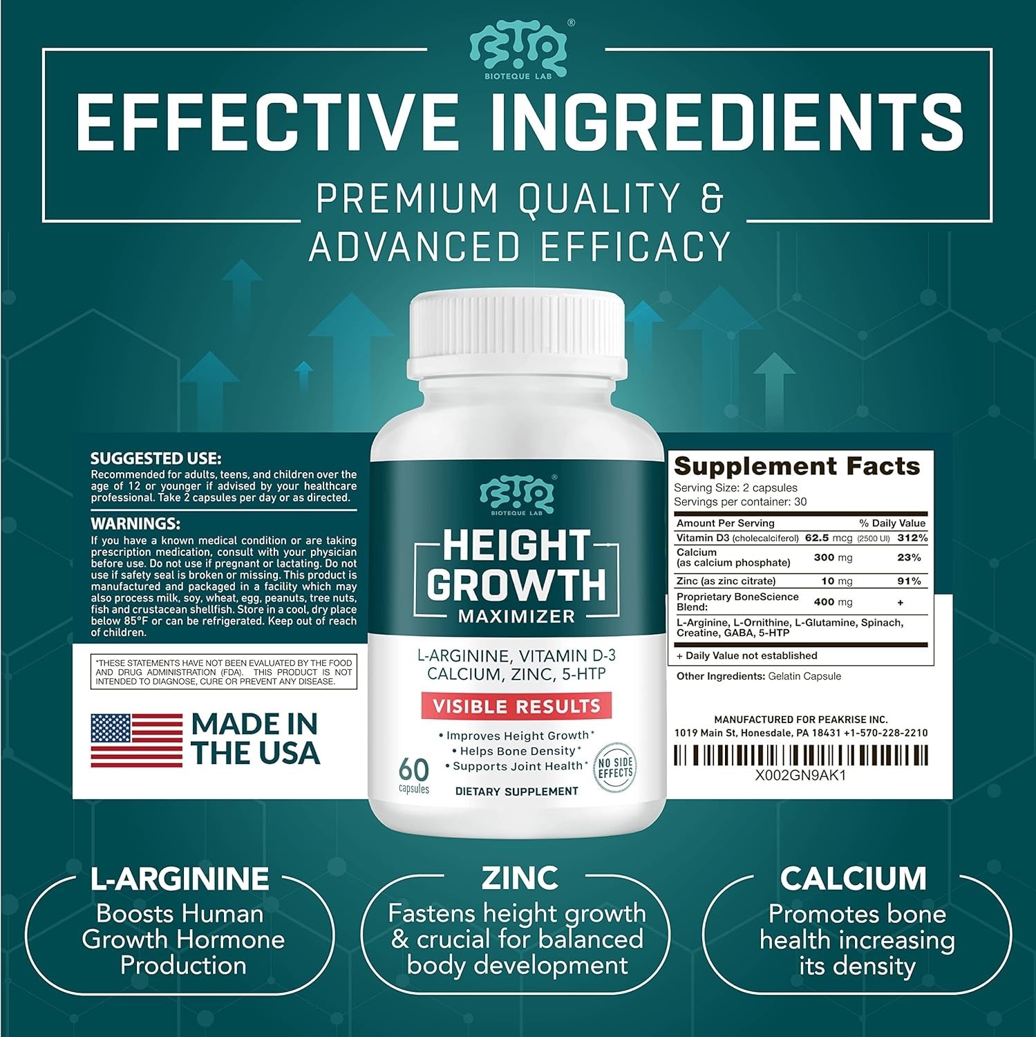 BIOTEQUELAB Height Growth Maximizer Calcium Vitamin D3 and Zinc Blend Pills B…