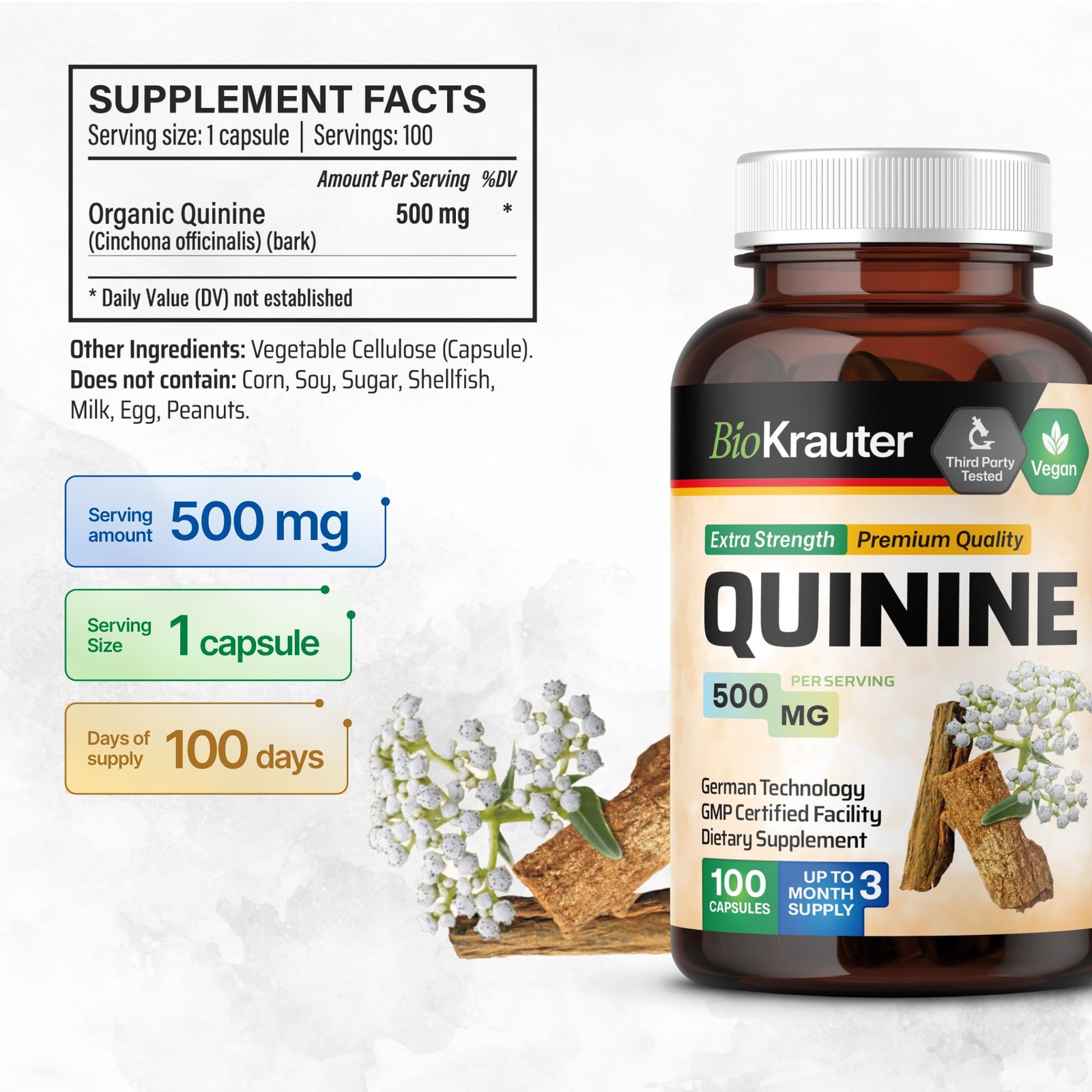 BIO KRAUTER Quinine for Leg Cramps Capsules 500 mg – 100 Count (Pack of 1)