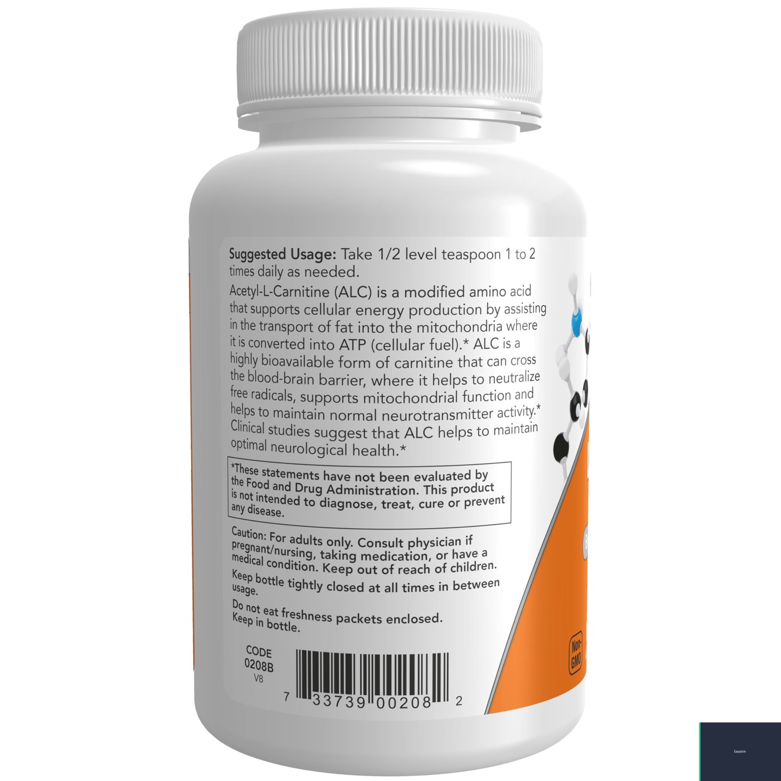 Acetyl-L-Carnitine Powder Supplement 3 Ounce Vegan Kosher Non-GMO