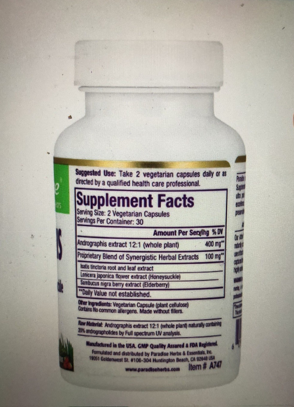 Andrographis Extract Premium Wellness Complex Buy 1 + Get 1 Free PARADISE HERBS