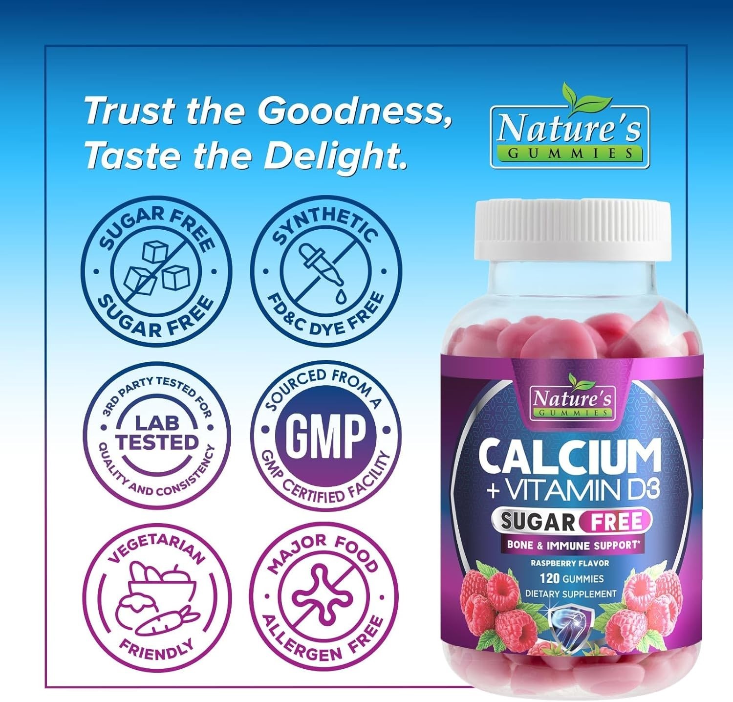 Calcium Gummies with Vitamin D3, Sugar Free Calcium Gummy for Adults & Kids