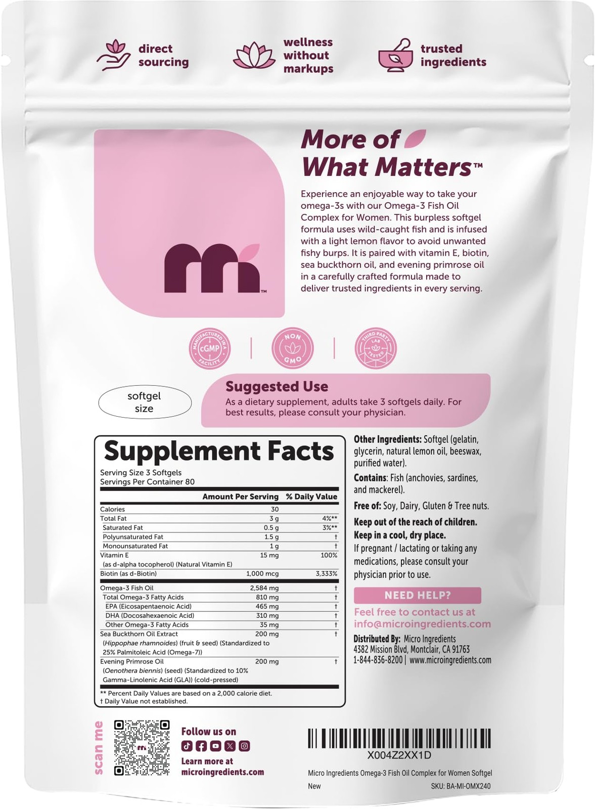 Micro Ingredients Omega-3 Fish Oil Women 240 Softgels 80 Servings EPA DHA Biotin