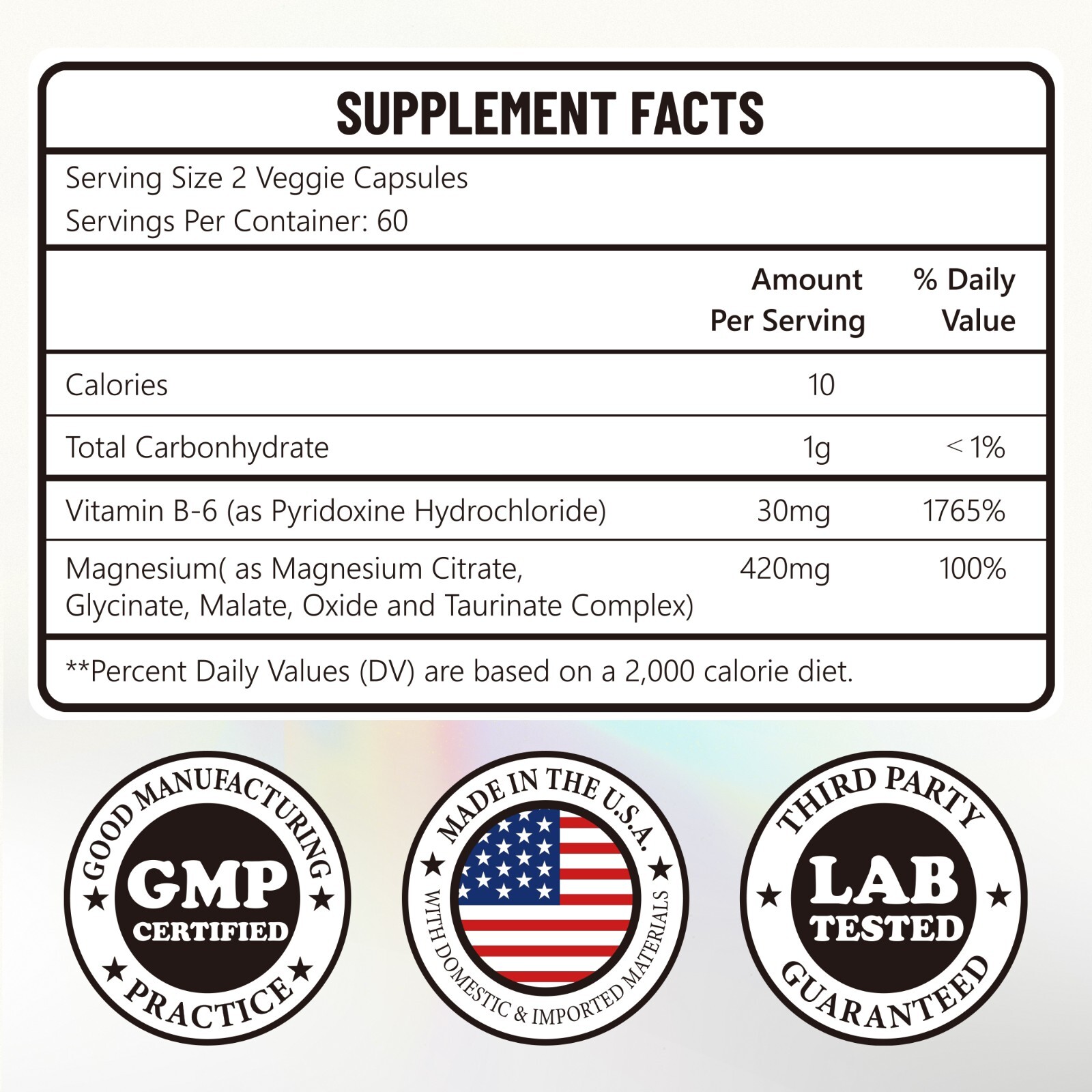Magnesium Complex 420mg with Vitamin B6,2 Capsule Per Day, 120 Vegan Capsules
