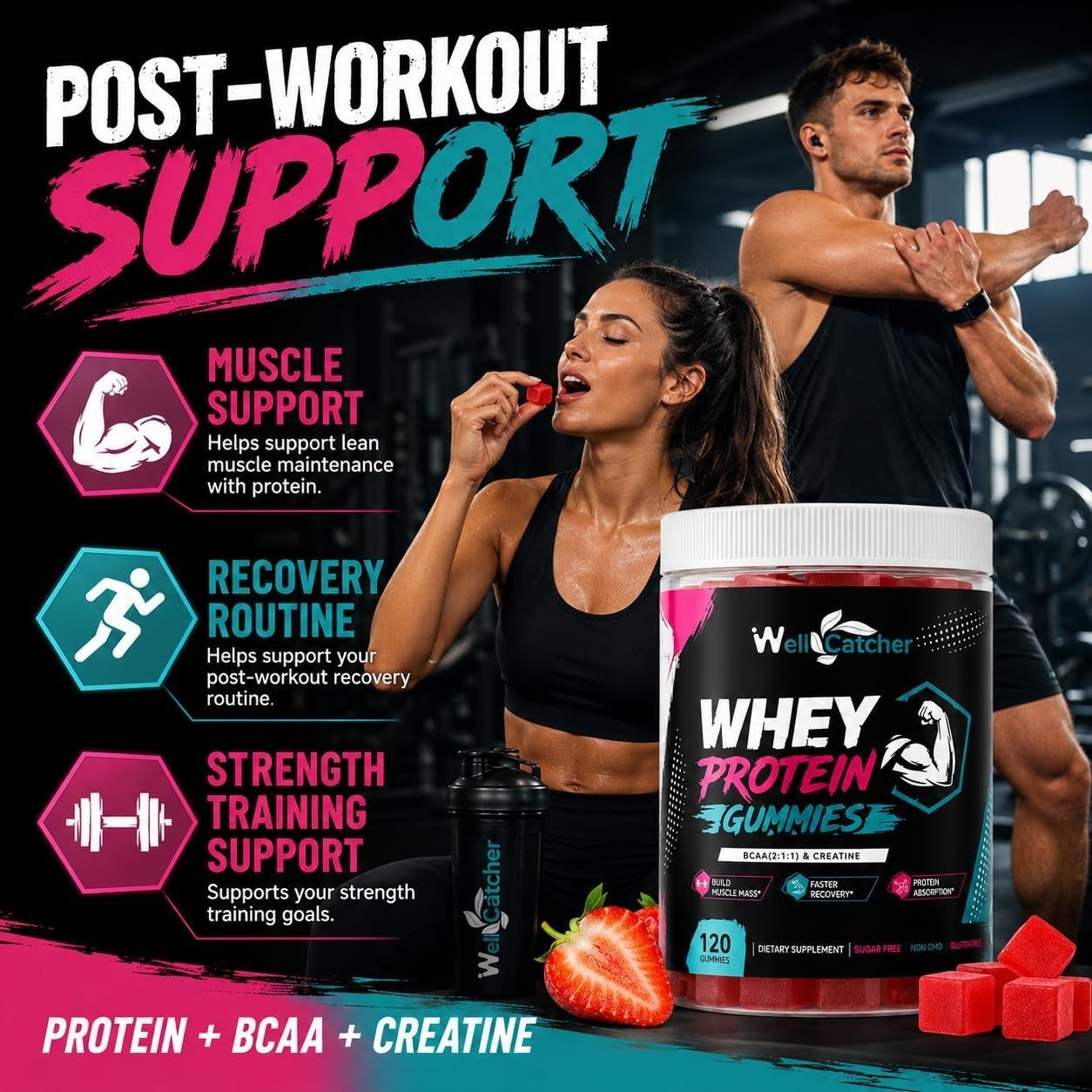 Wellcatcher Whey Protein Gummies with BCAA & Creatine, Sugar Free Pectin Protein