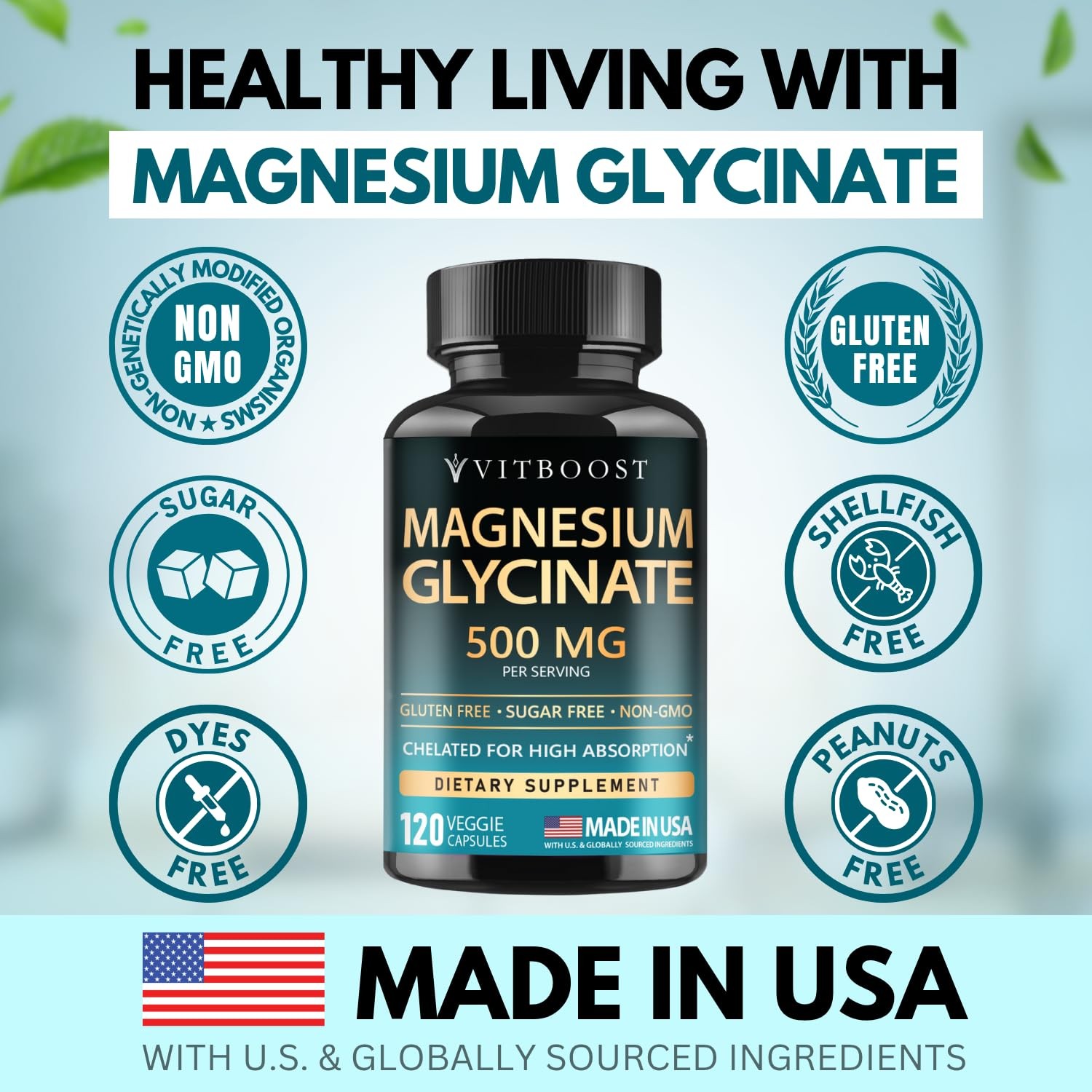VITBOOST Magnesium Glycinate 500mg – High Absorption 120 Count (Pack of 1)
