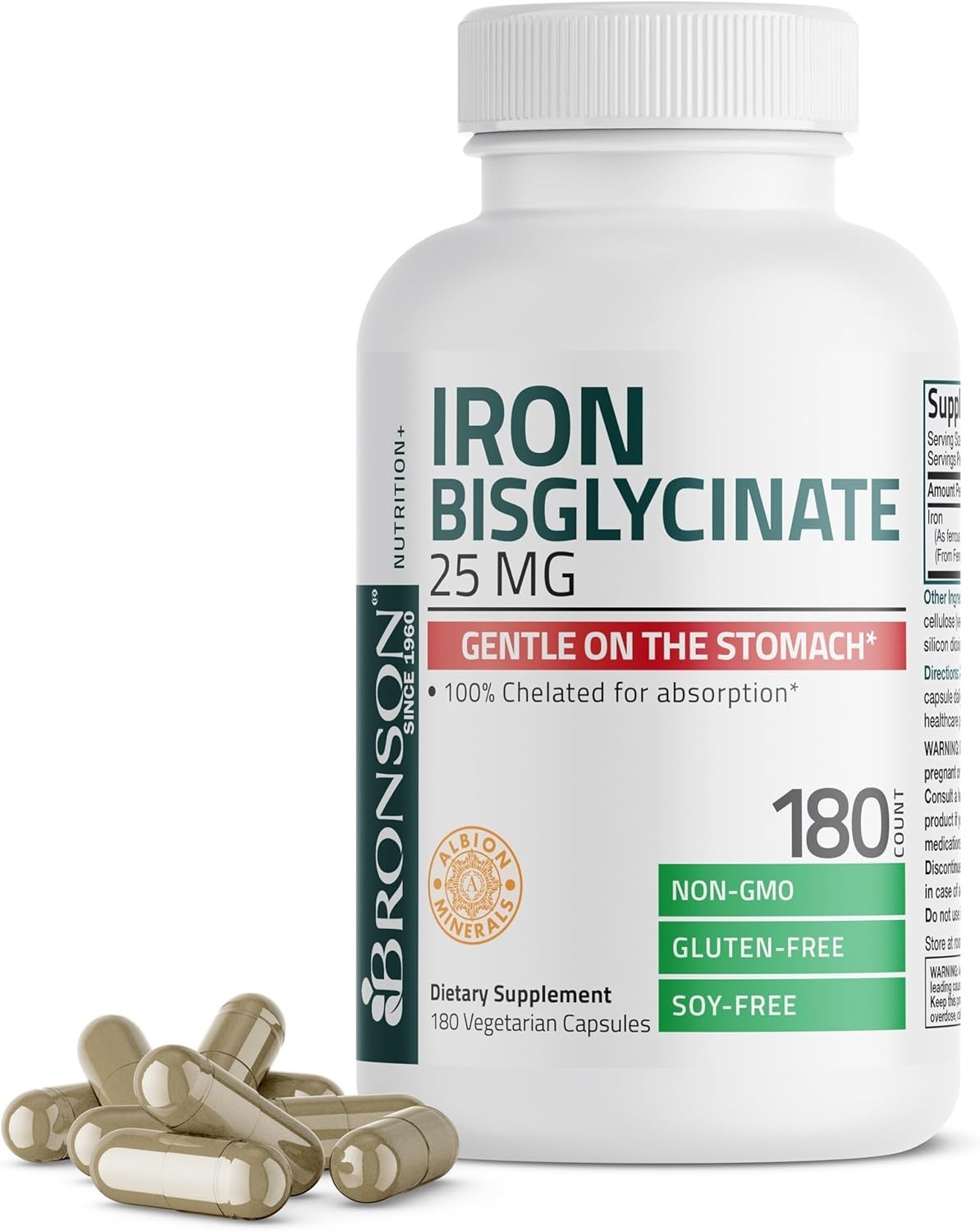 Bronson Iron Bisglycinate 25mg Supports Energy Non-Constipating 180 Veg Capsules