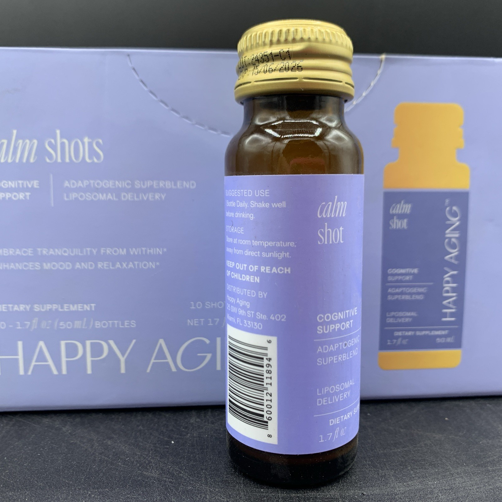 HAPPY AGING Calm Shots|Cognitive Support, 10- 1.7oz Bottles EXP 06/15/2026