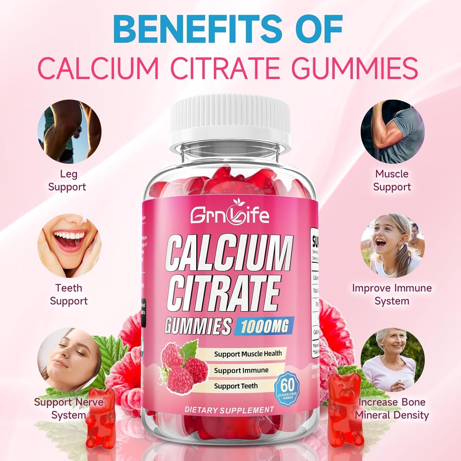 Raspberry Flavor Calcium Gummies – 1000mg Calcium Citrate, 60 Count for All Ages